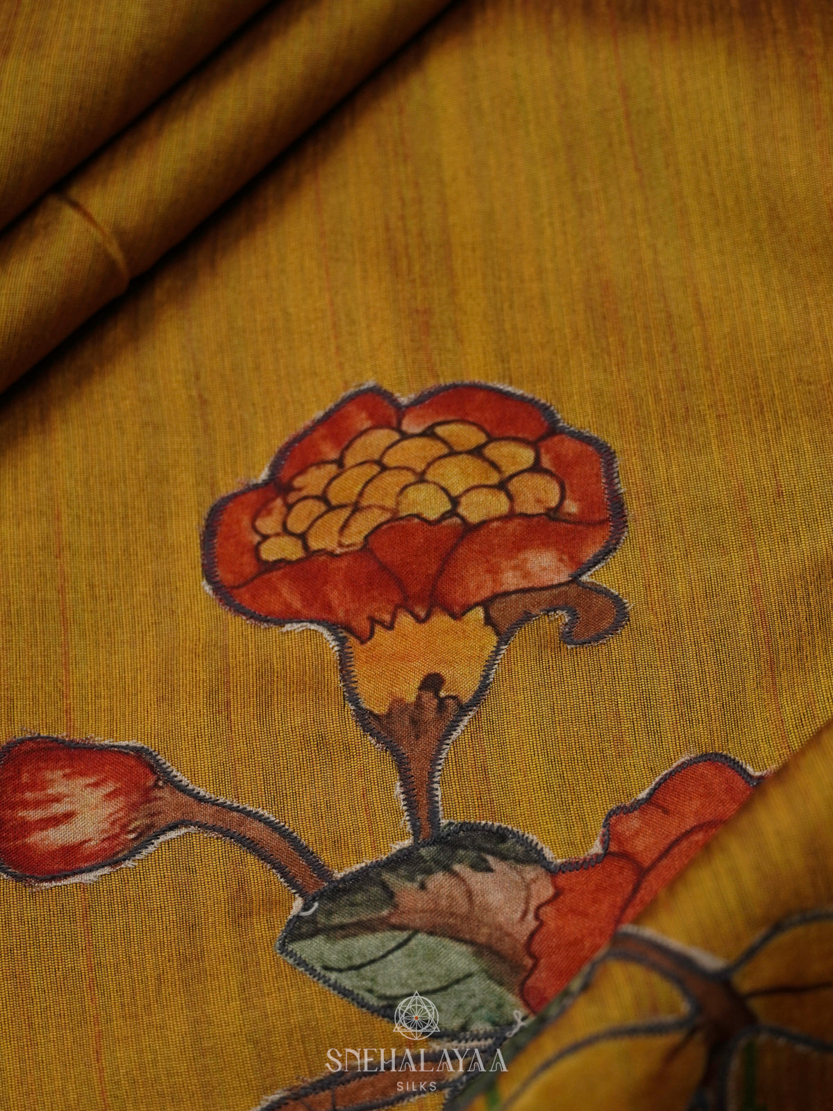 Mustard Munga Tussar Embroidery Saree