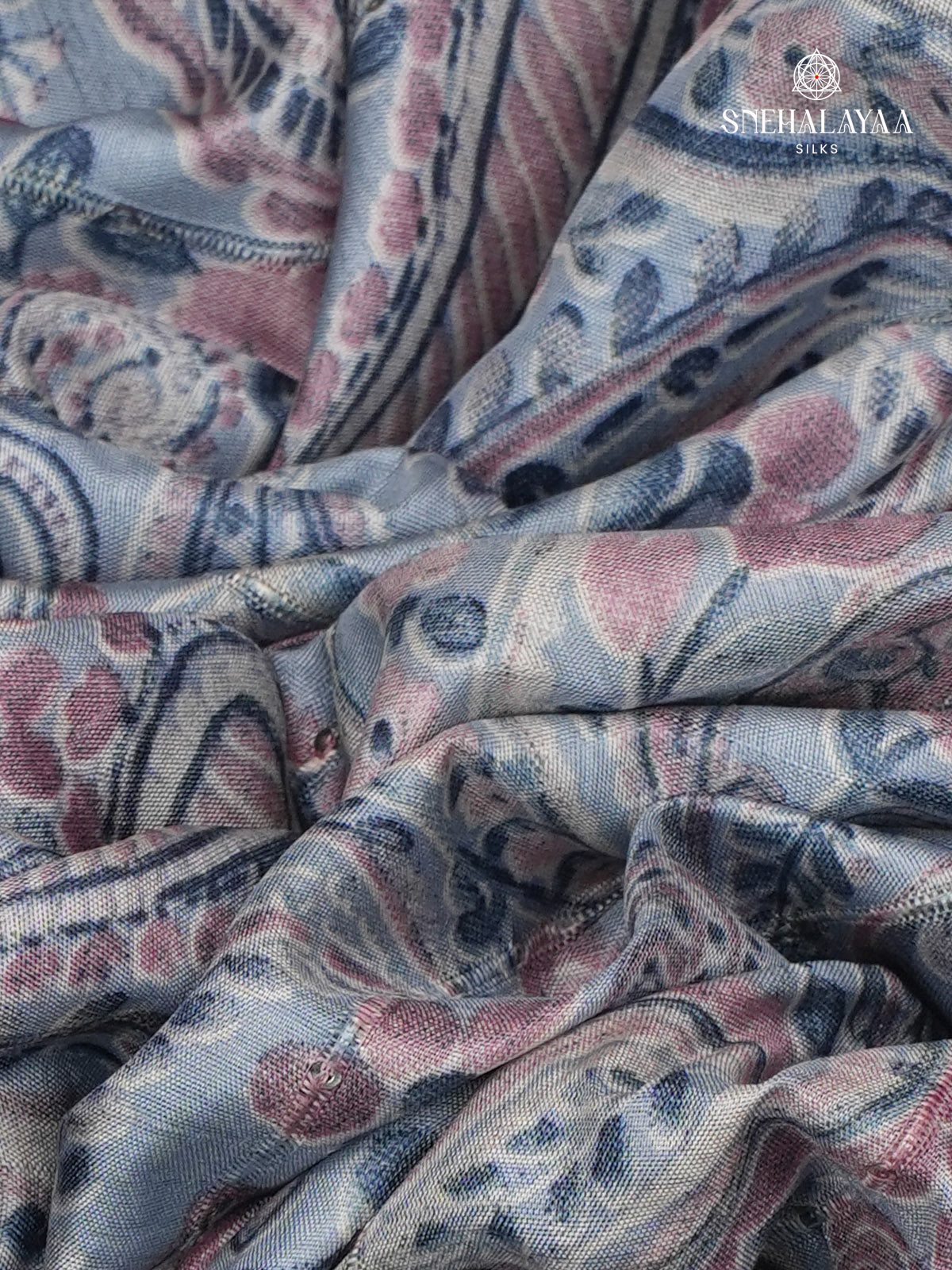 Pastel Blue Floral Printed Tussar Saree