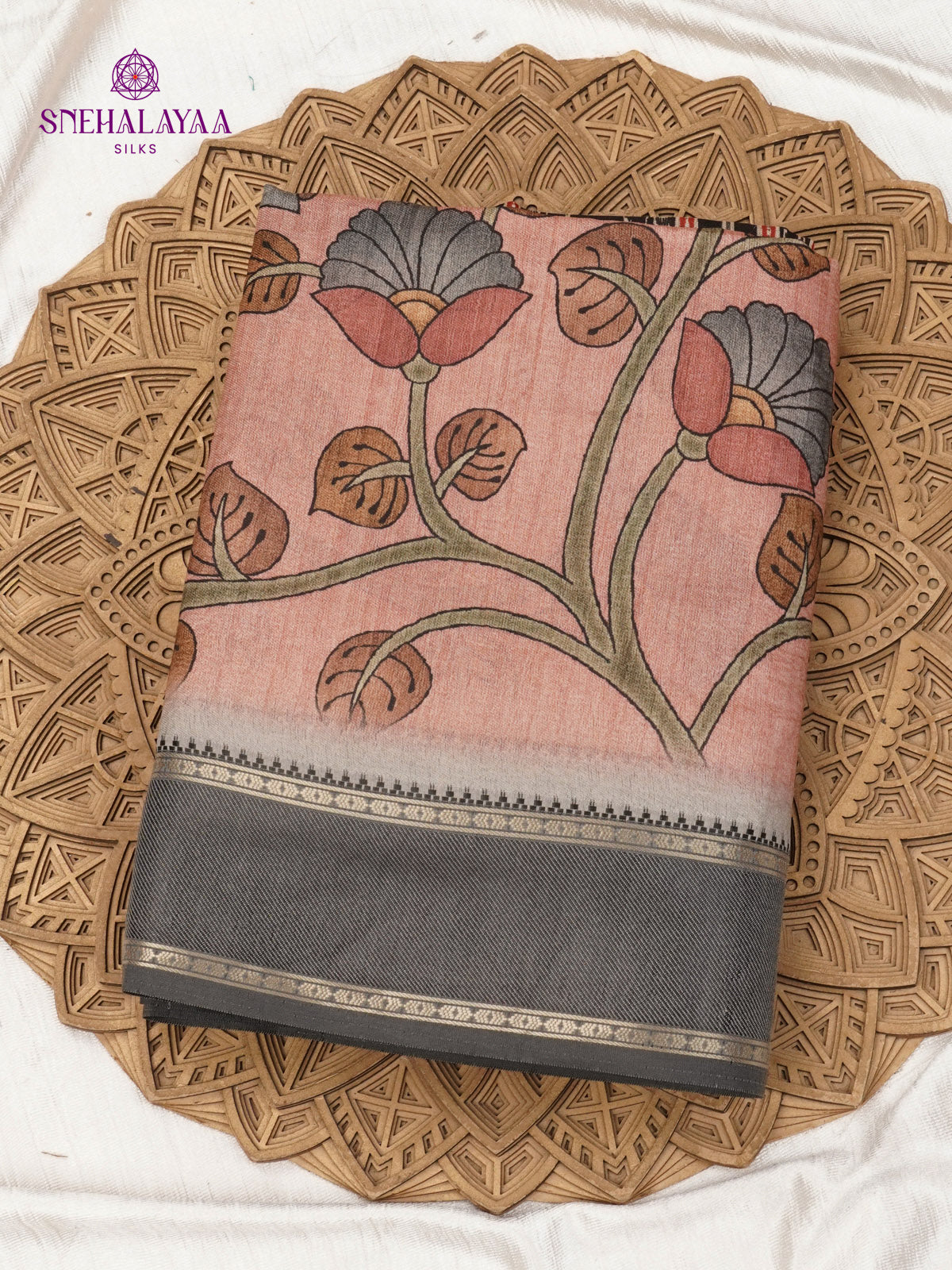 Pink Floral Printed Tussar Saree