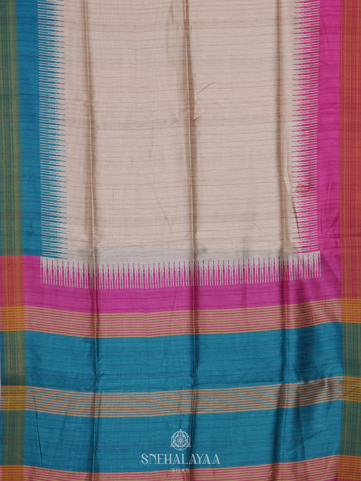 Beige with Blue Border Tussar Saree