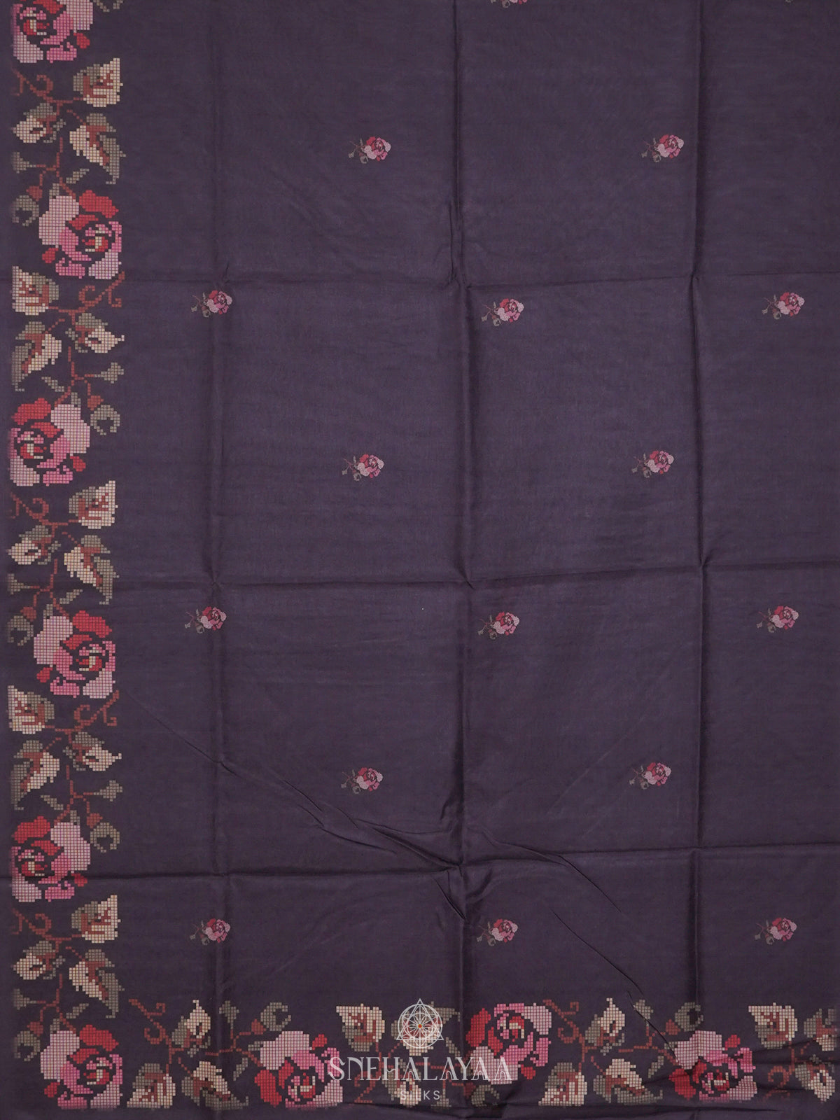 Purple Floral Printed Tussar Saree