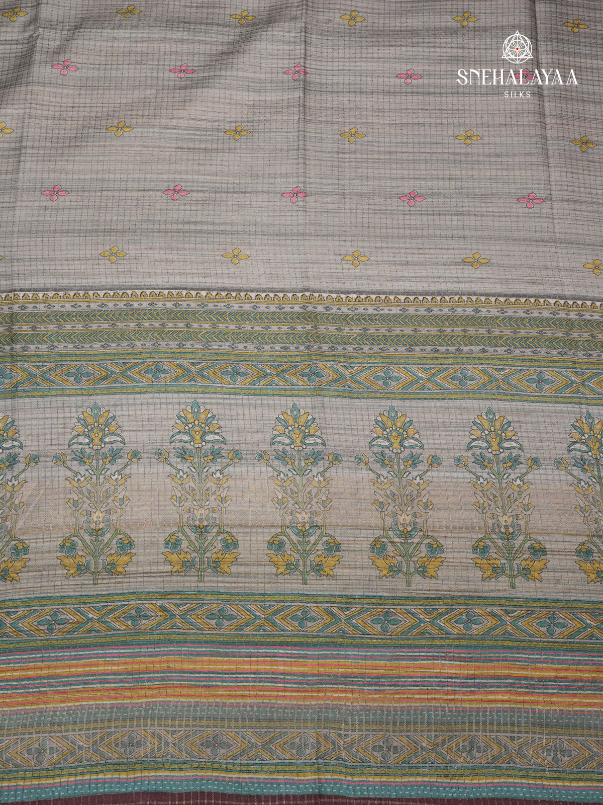 Grey Floral Printed Tussar Saree