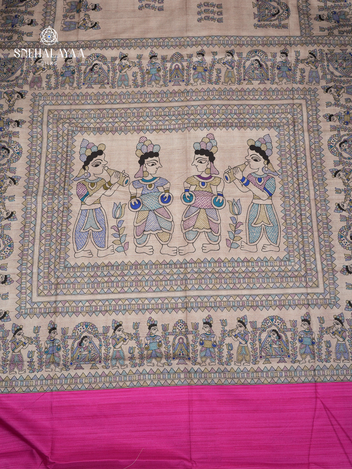 Beige with Pink Border Madhubani Saree