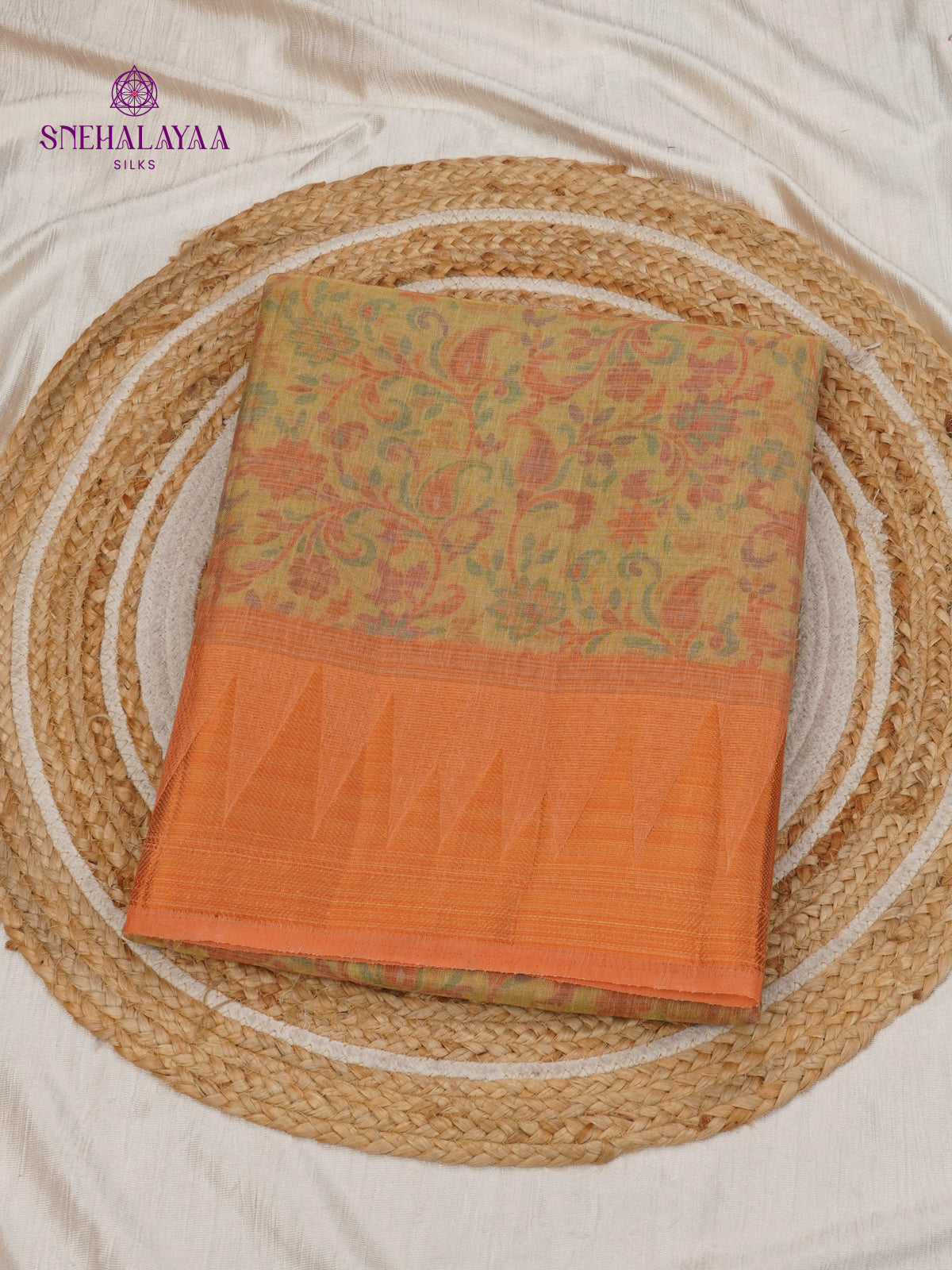 Mustard With Orange Border Linen Tissue Saree