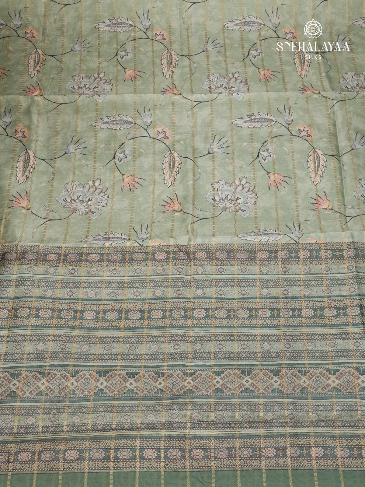 Pastel Green Floral Printed Tussar Saree