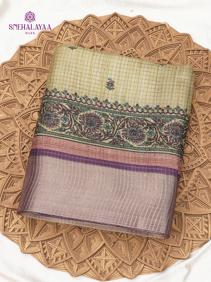 Beige Floral Printed Tussar Saree