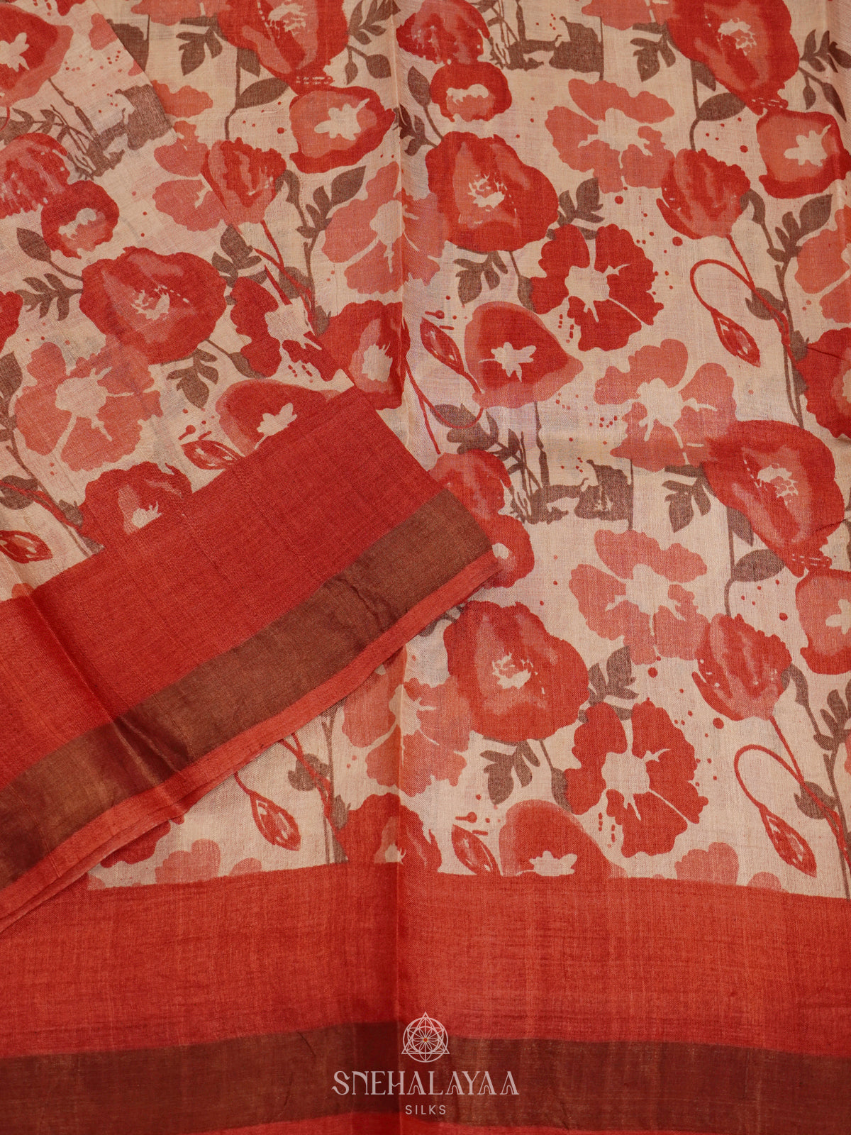 Peach Floral Printed Tussar Saree