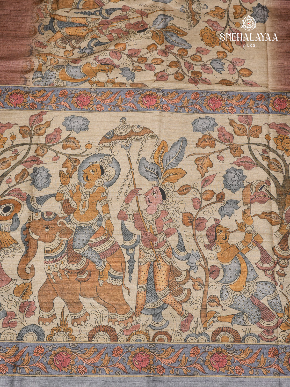 Beige With Brown Border Kalamkari Tussar Saree