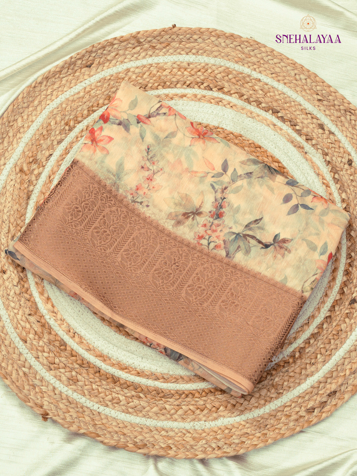 Pale Yellow Linen Floral Print Saree