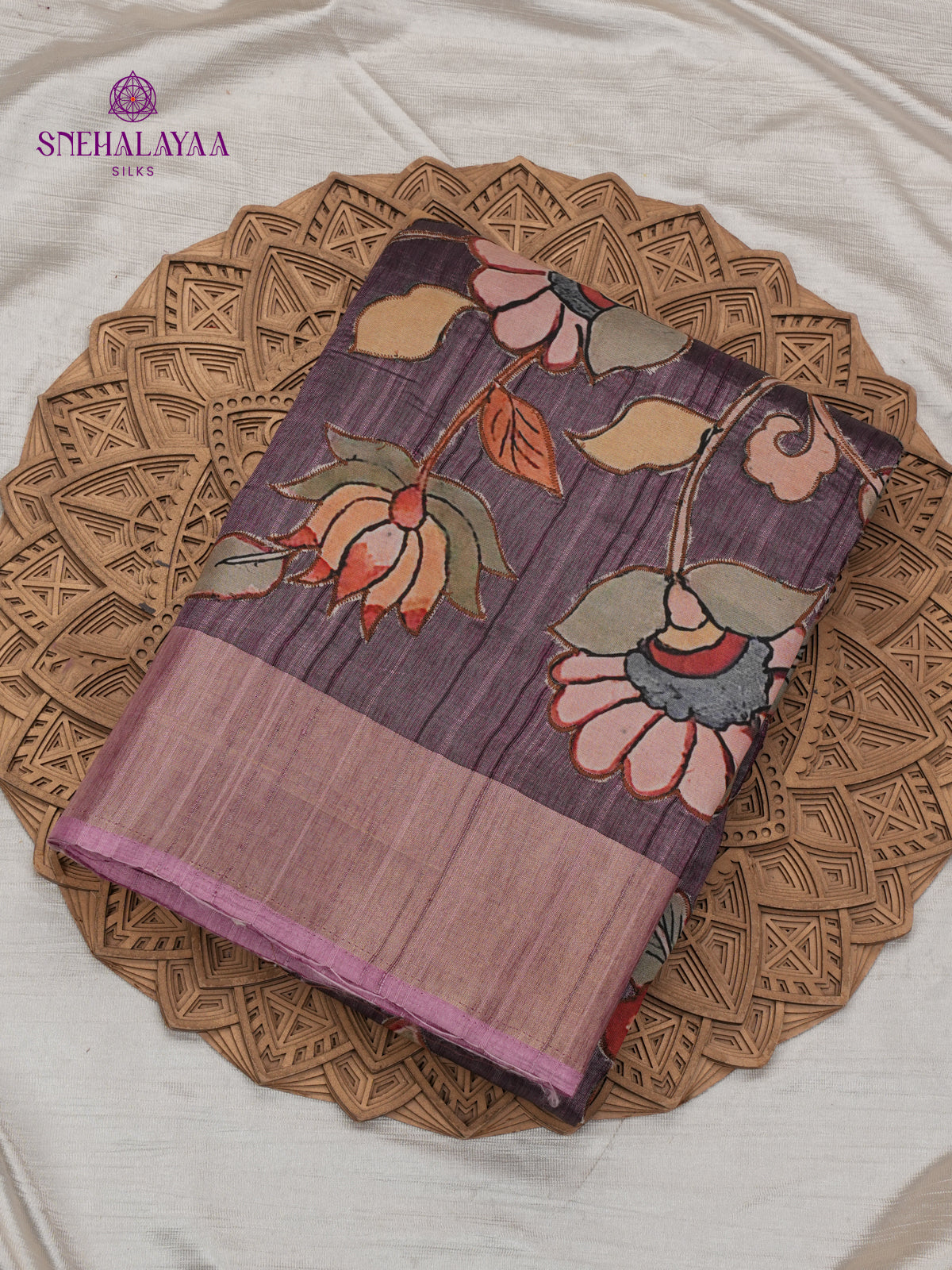 Plum Tussar Embroidery Saree