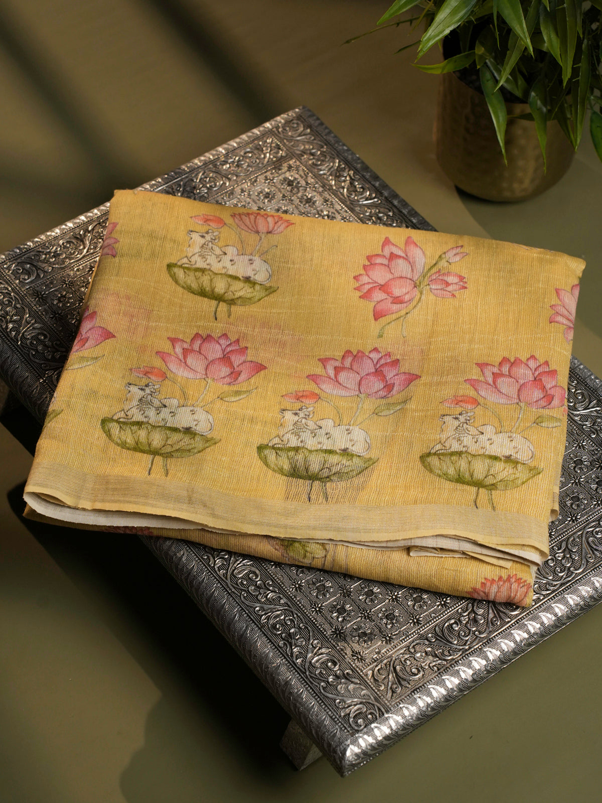 Pale Yellow Linen Kora Silk Saree
