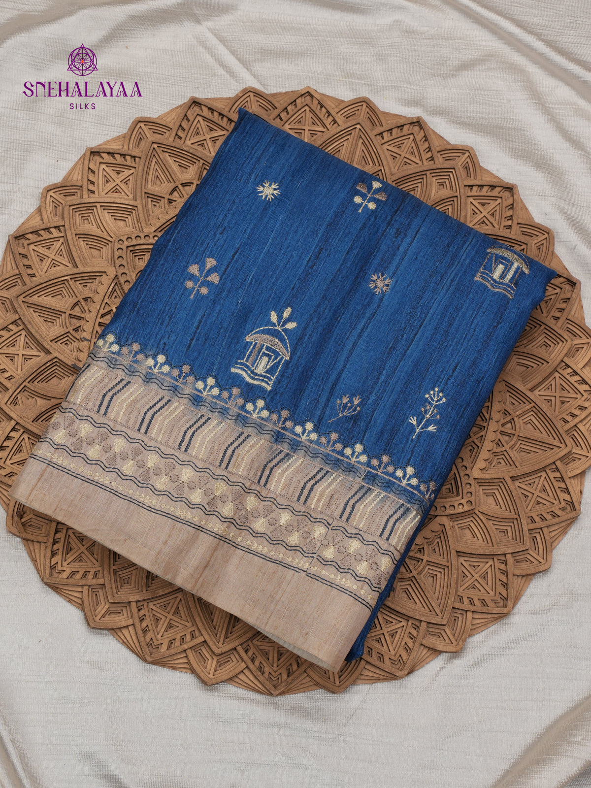 Blue Tussar Embroidery Saree