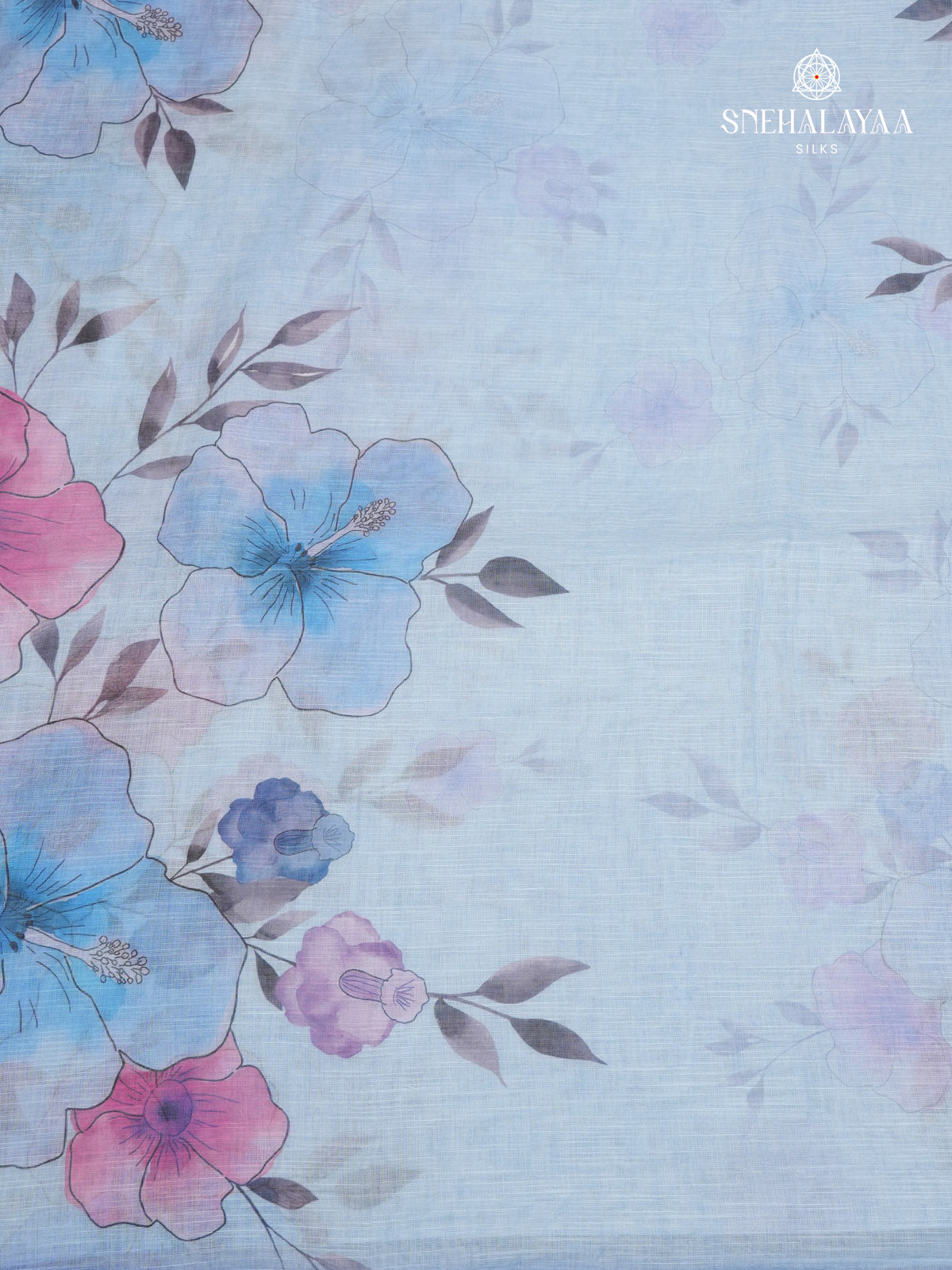 Pastel Blue Printed Linen Saree