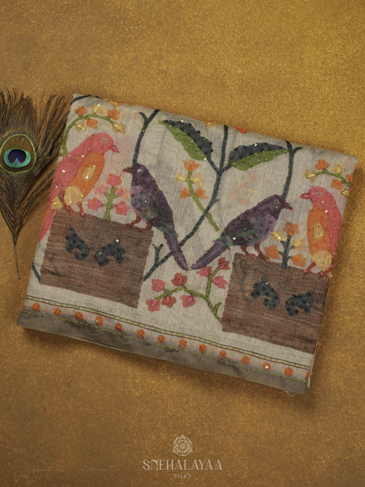 Beige Linen Embbroidery Saree