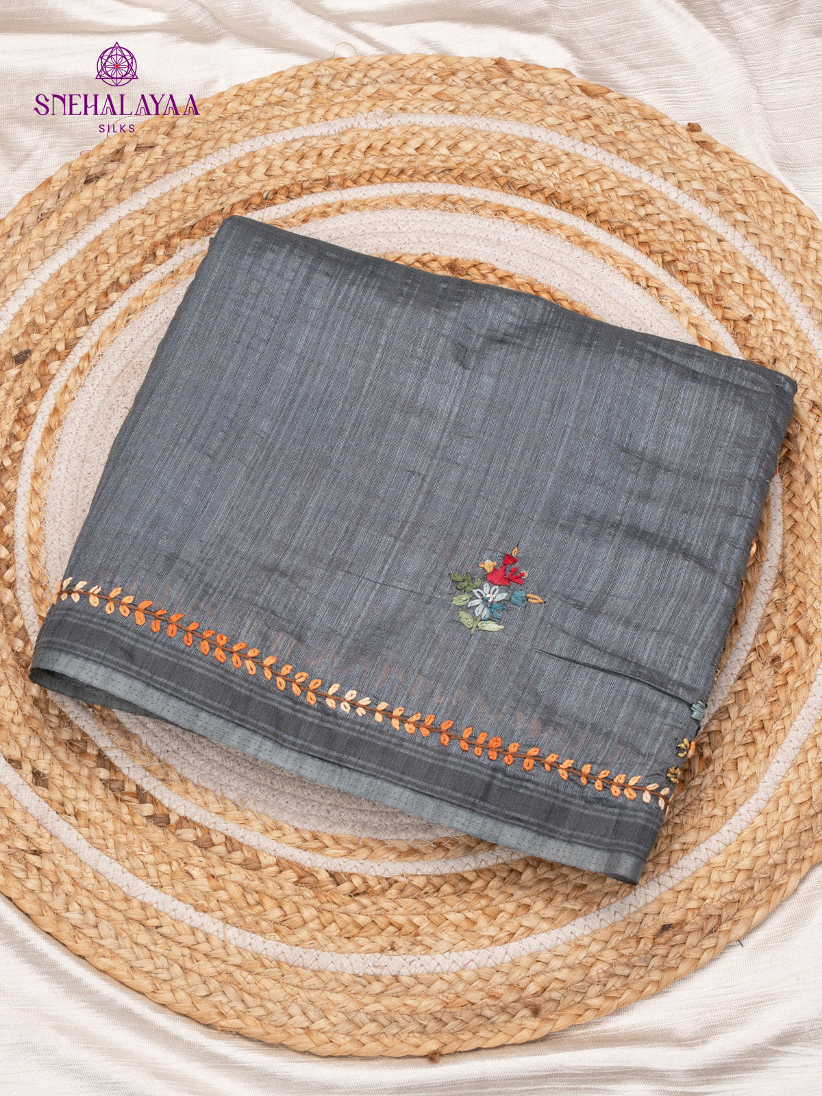 Grey Raw Silk Embroidery Saree