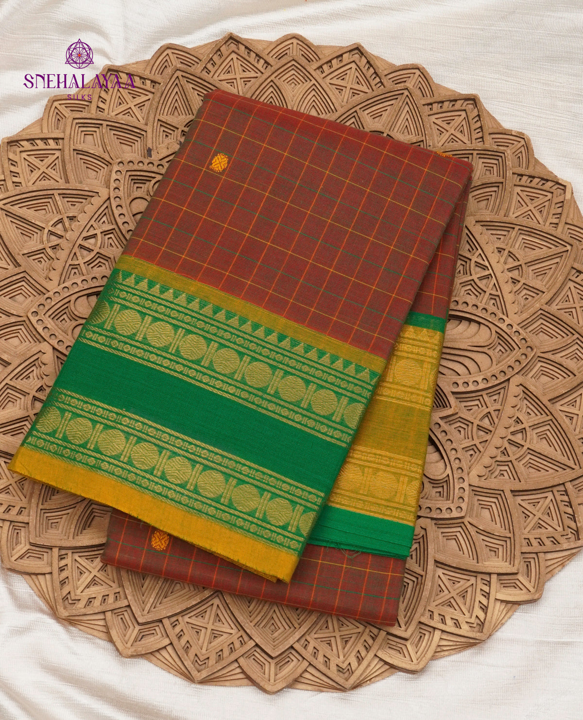 Checked Rust Brown Kanchi Cotton Saree with Irandu Karai Zari Borders