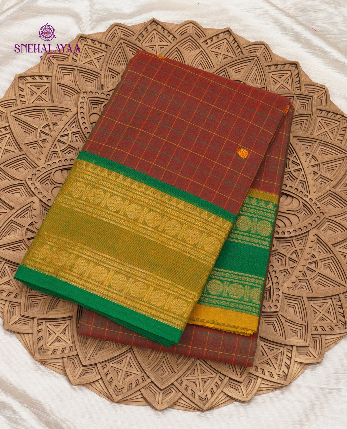 Checked Rust Brown Kanchi Cotton Saree with Irandu Karai Zari Borders