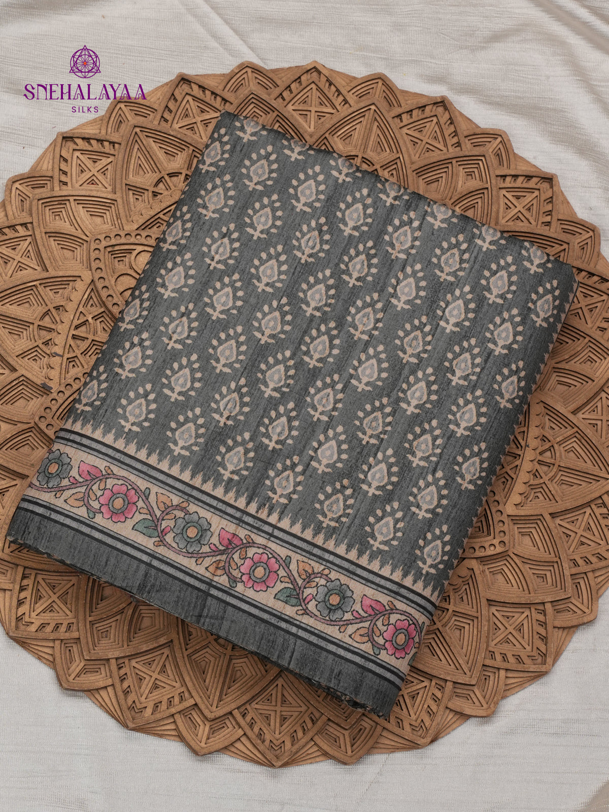 Grey Tussar Embroidery Saree