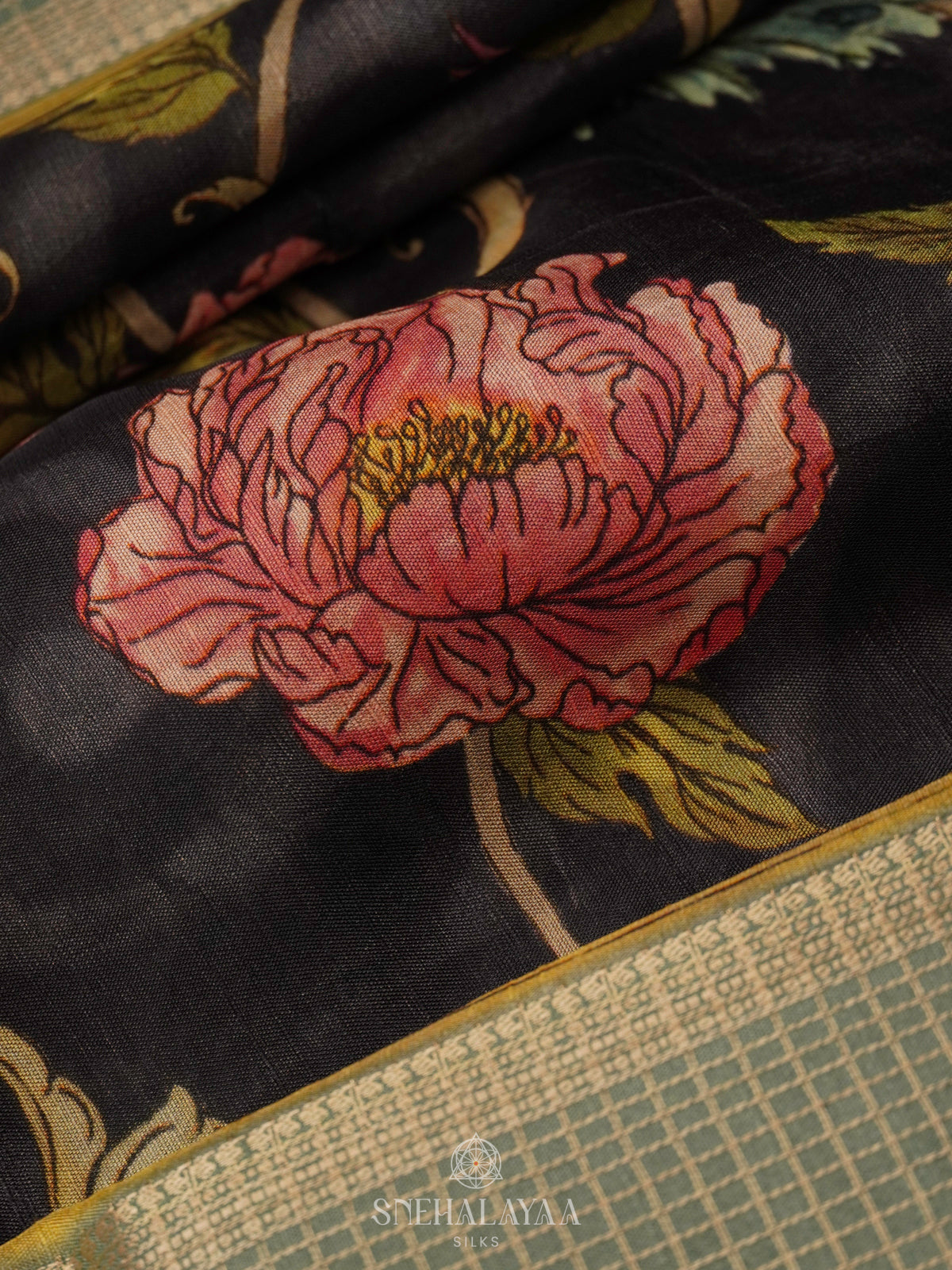 Black Floral Printed Banaras Matka Saree