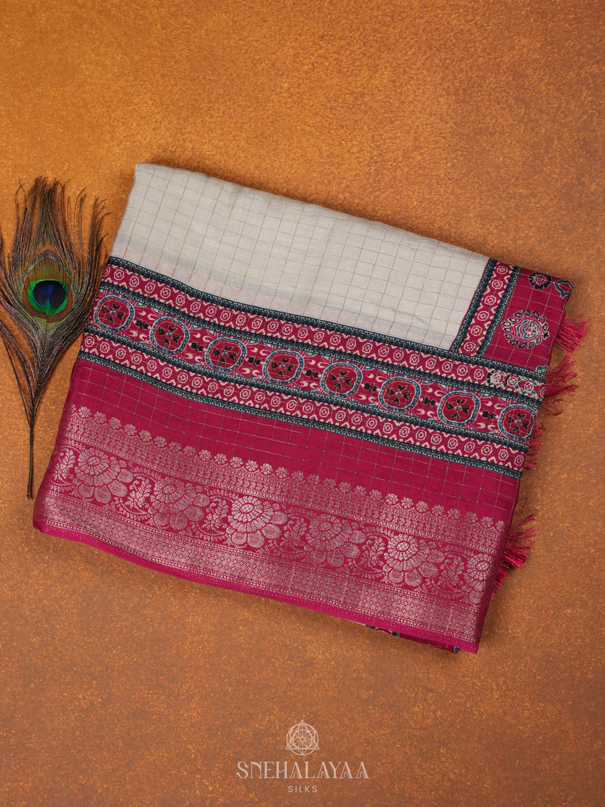 Cream Banaras Crepe Saree with Pink Border