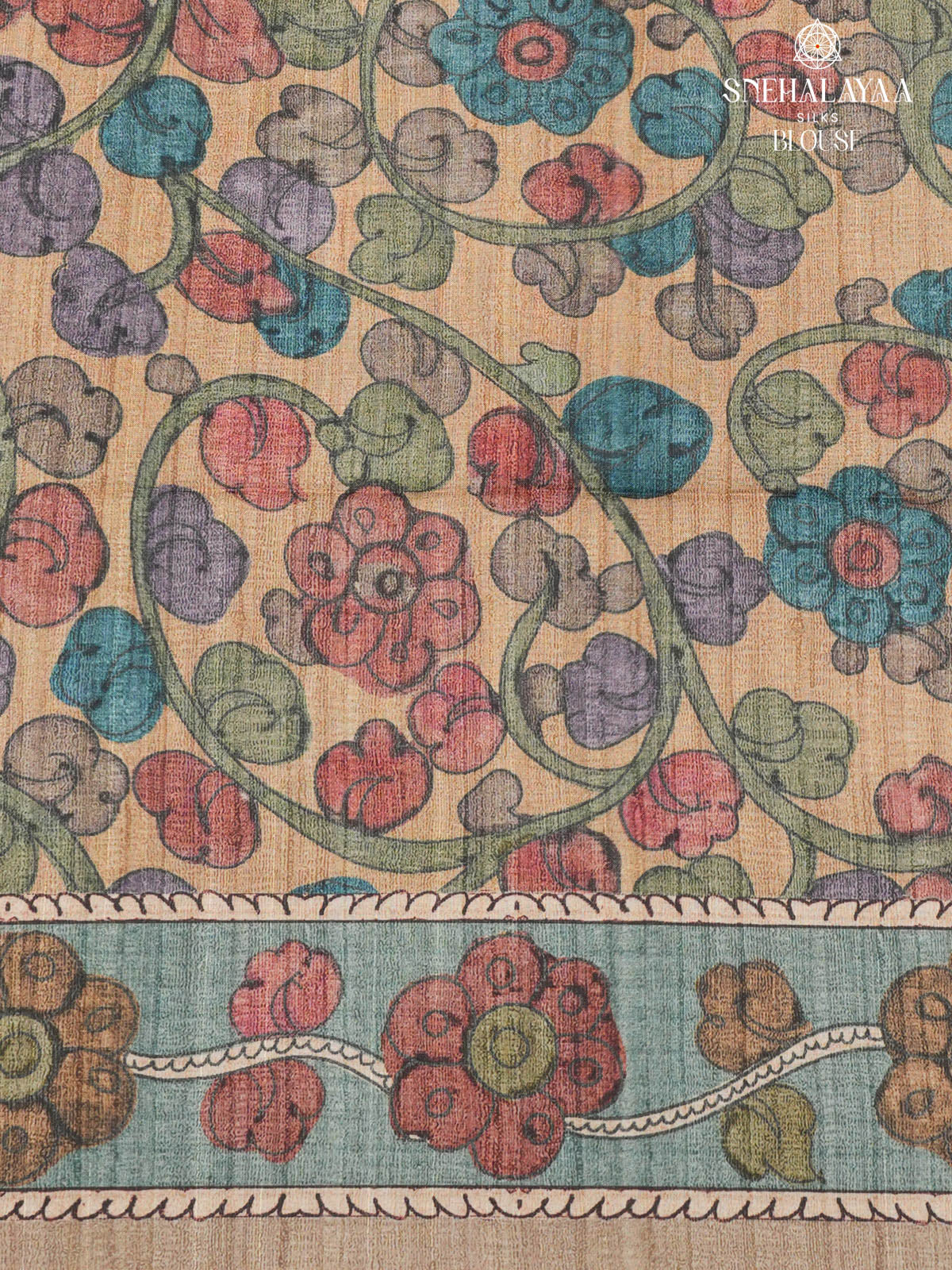 Plum Floral Printed Tussar Saree