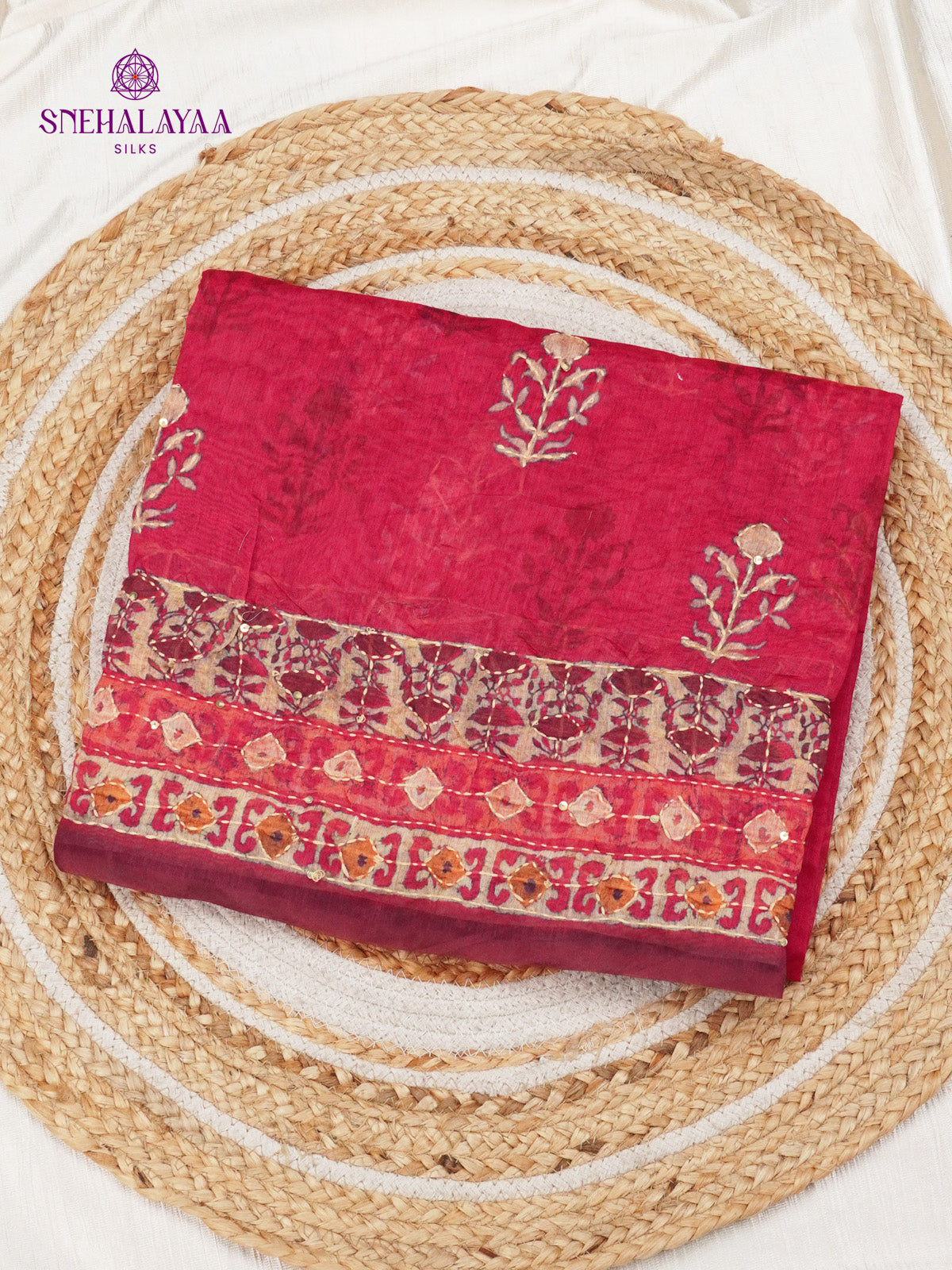 Rani Pink Linen Embroidery Saree