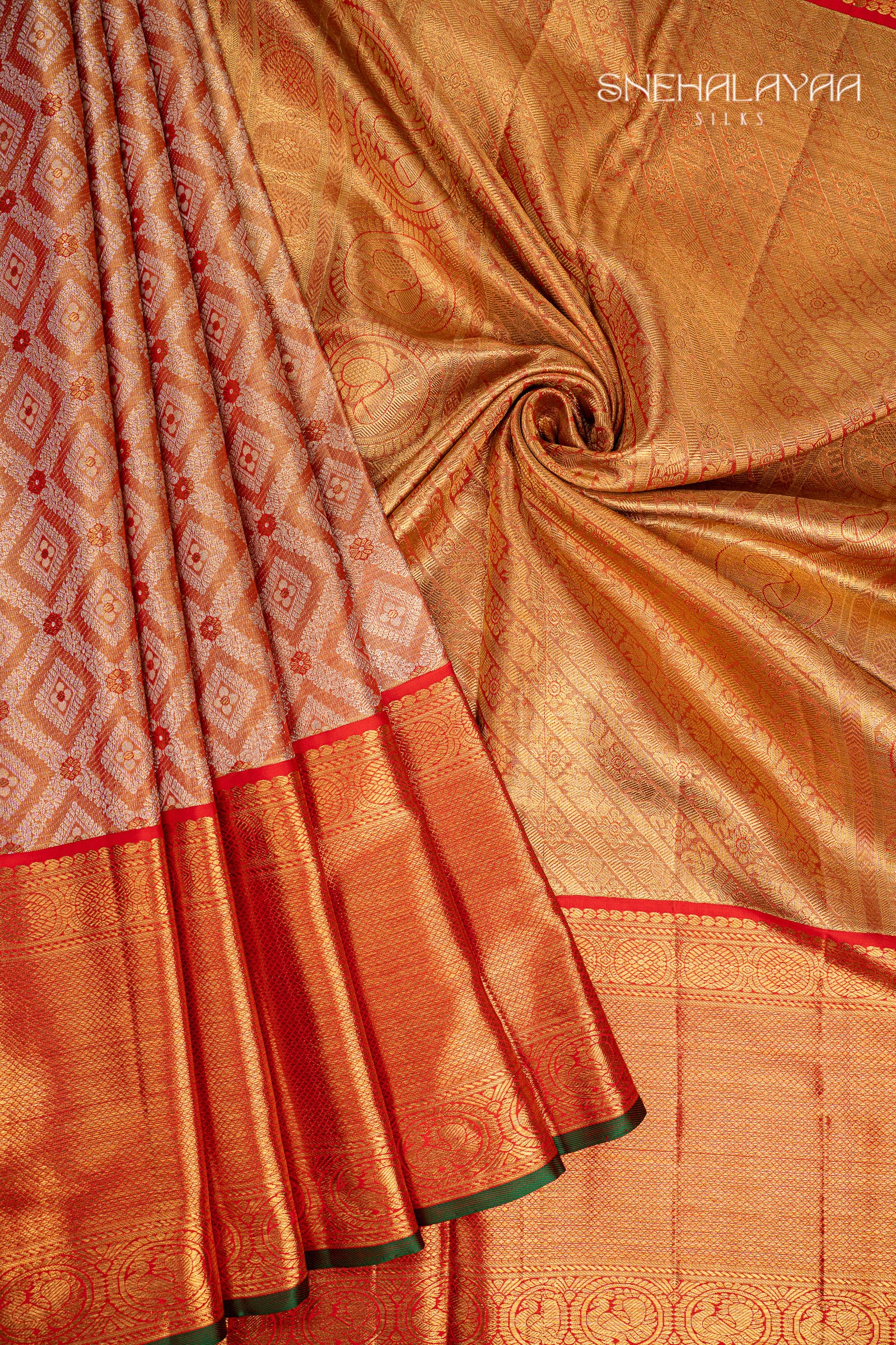Blush Red Kancheevaram Silk Saree