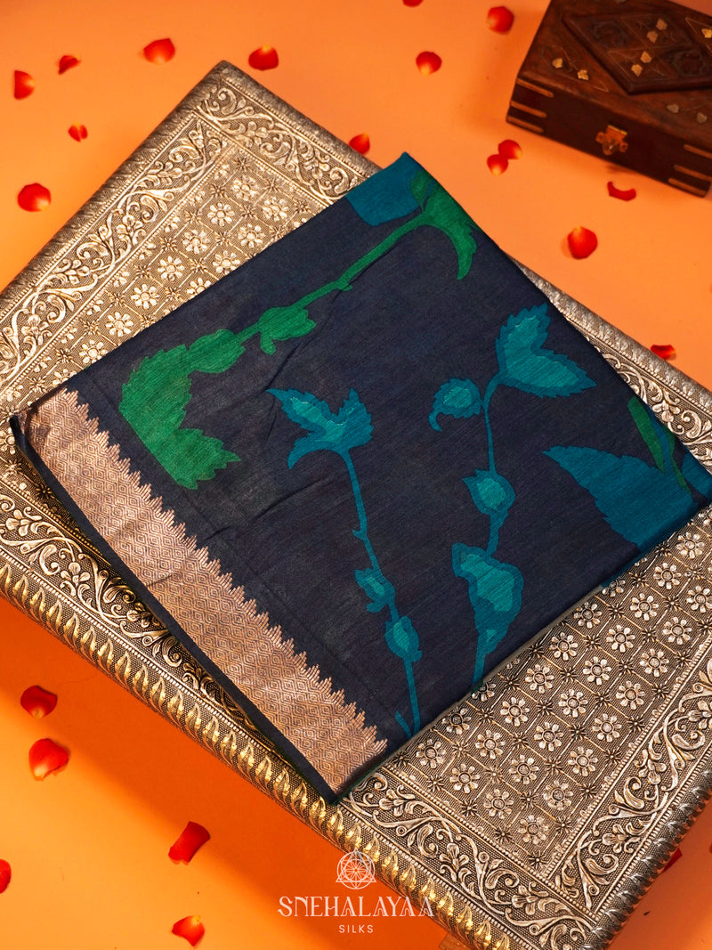 Navy Blue Munga Tussar Saree