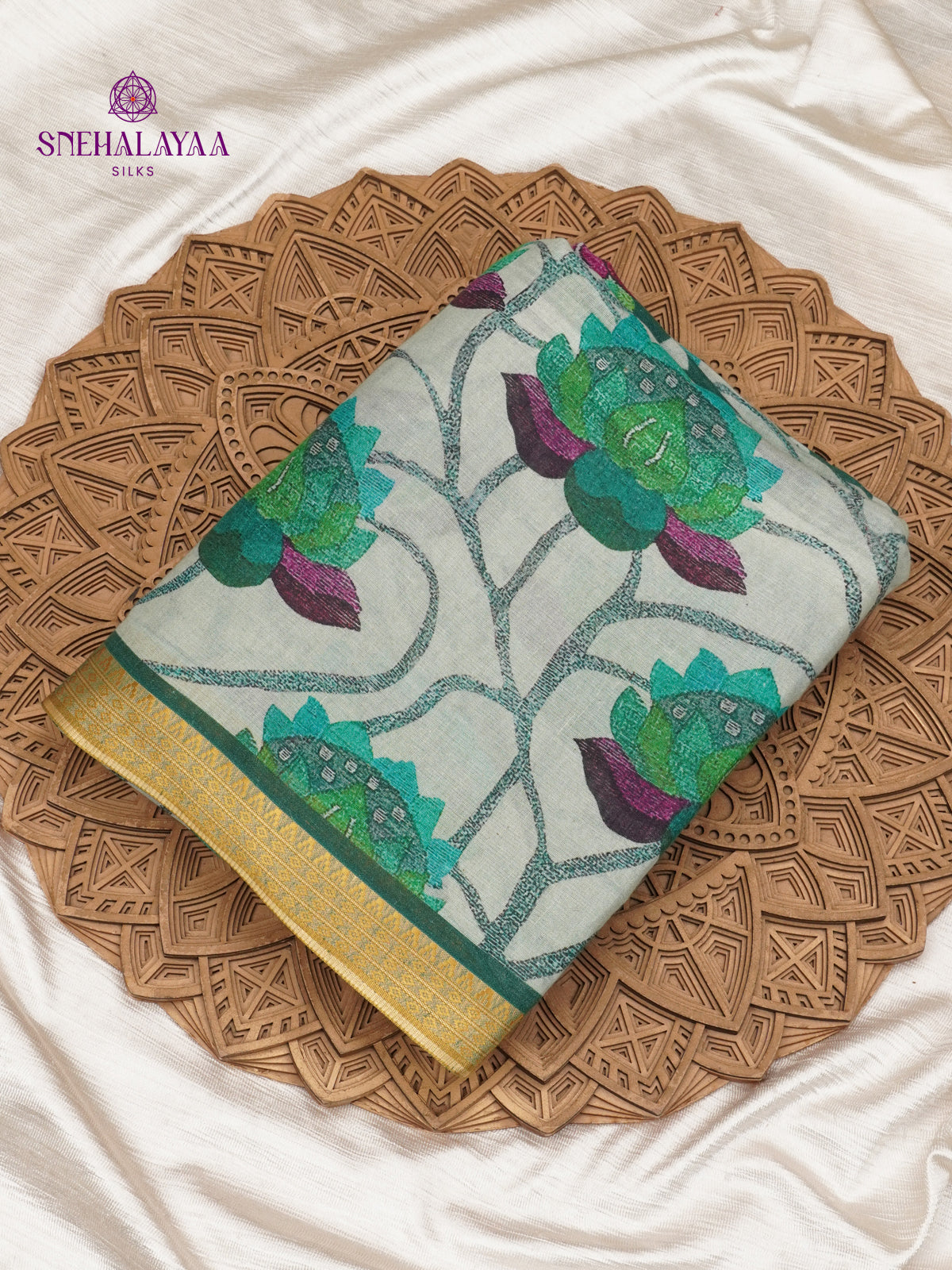 Off White Printed Linen Cotton Saree