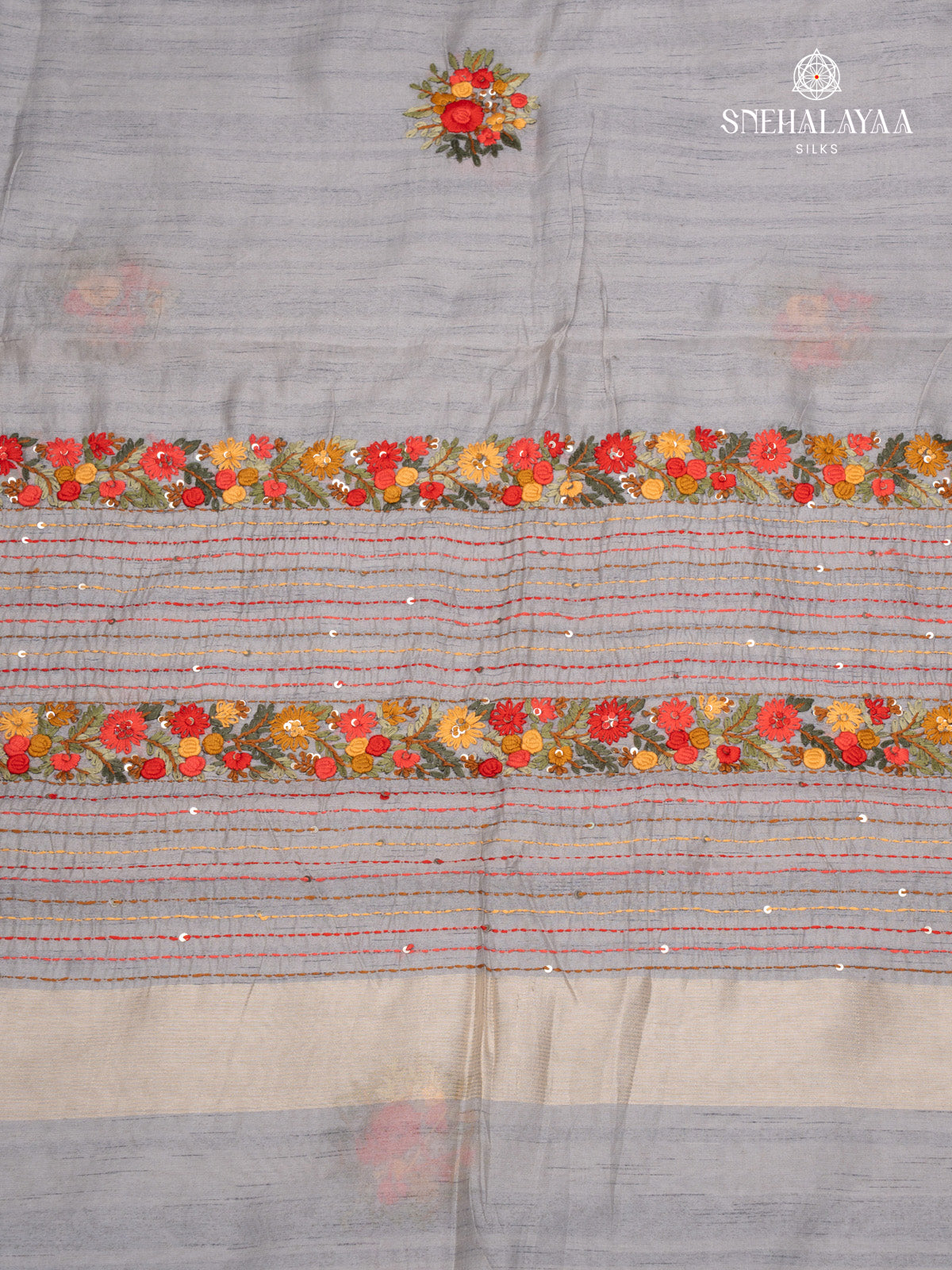 Grey Raw Silk Embroidery Saree
