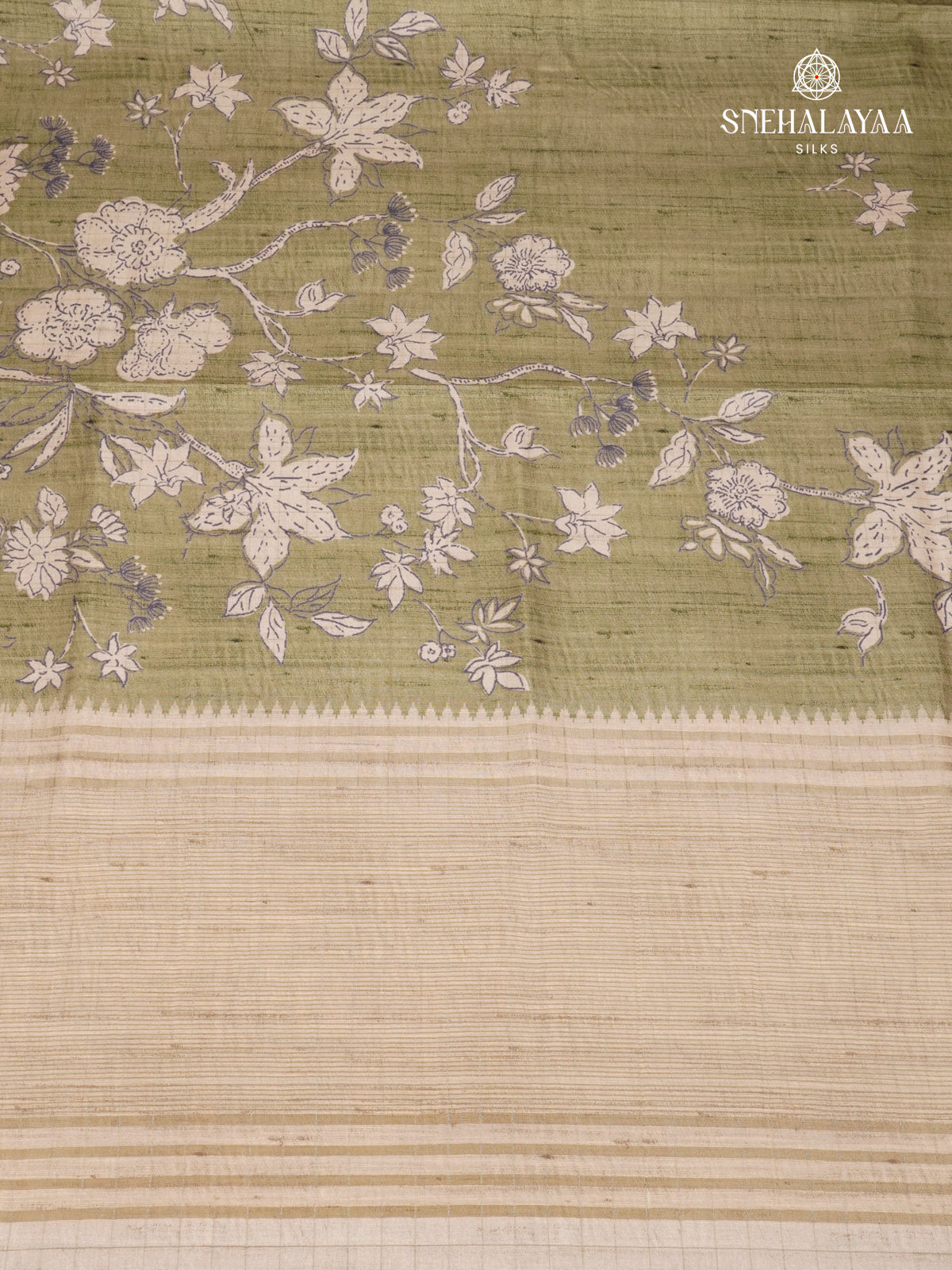 Olive Green Floral Printed Tussar Saree