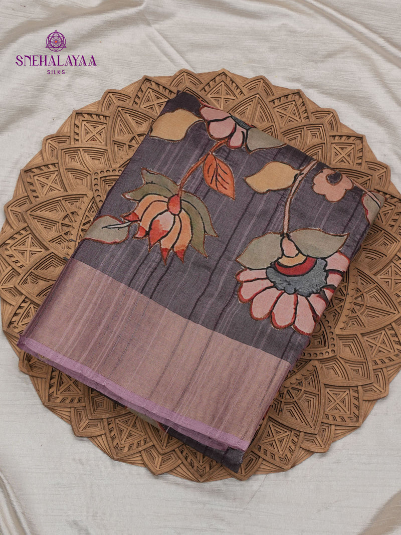 Grey Tussar Embroidery Saree