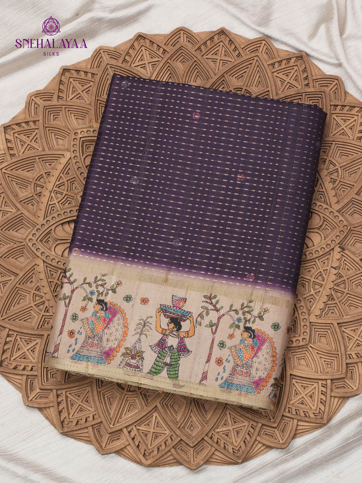 Rich Purple Floral Printed Tussar Saree