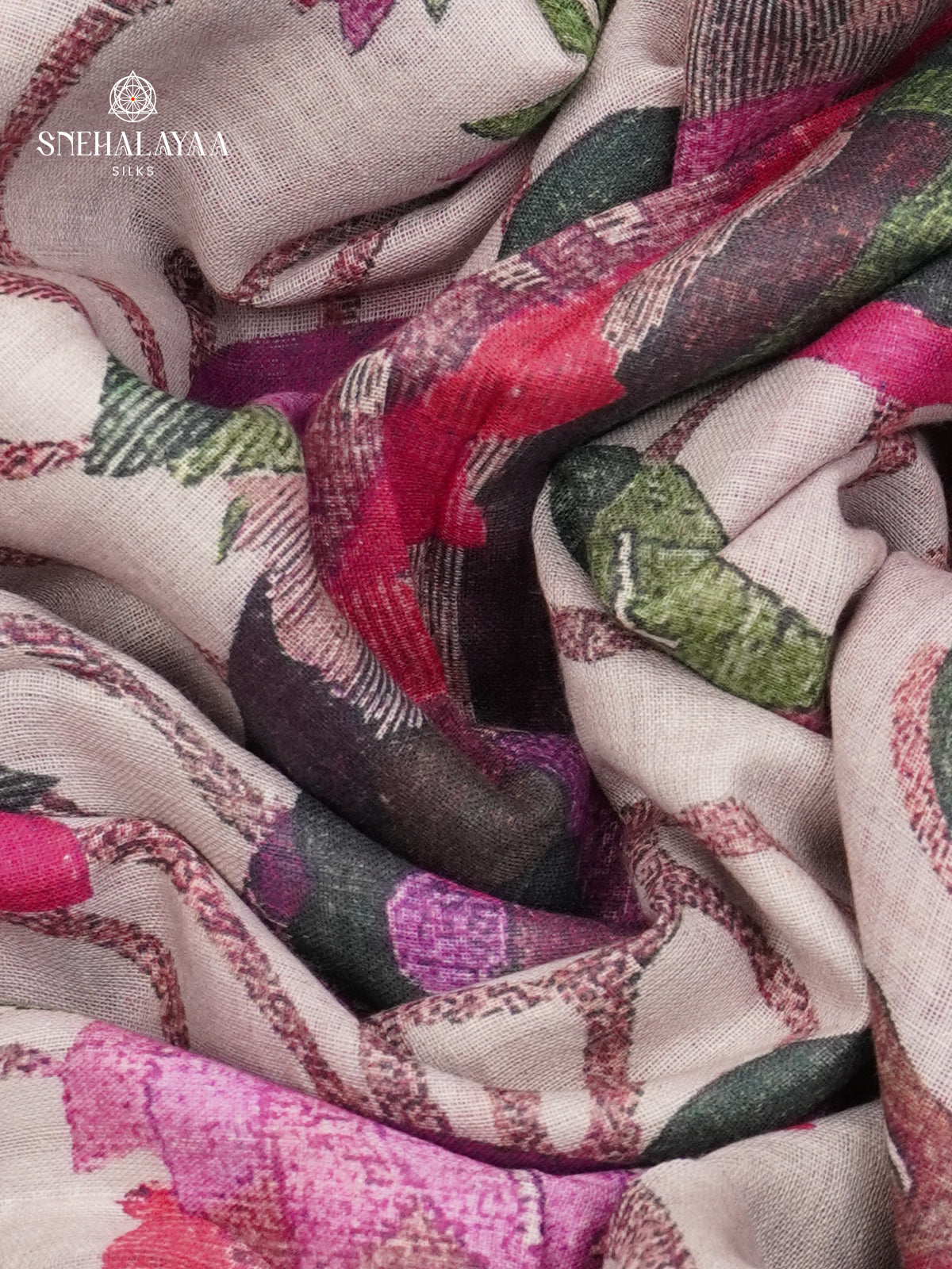 Off White Printed Linen Cotton Saree