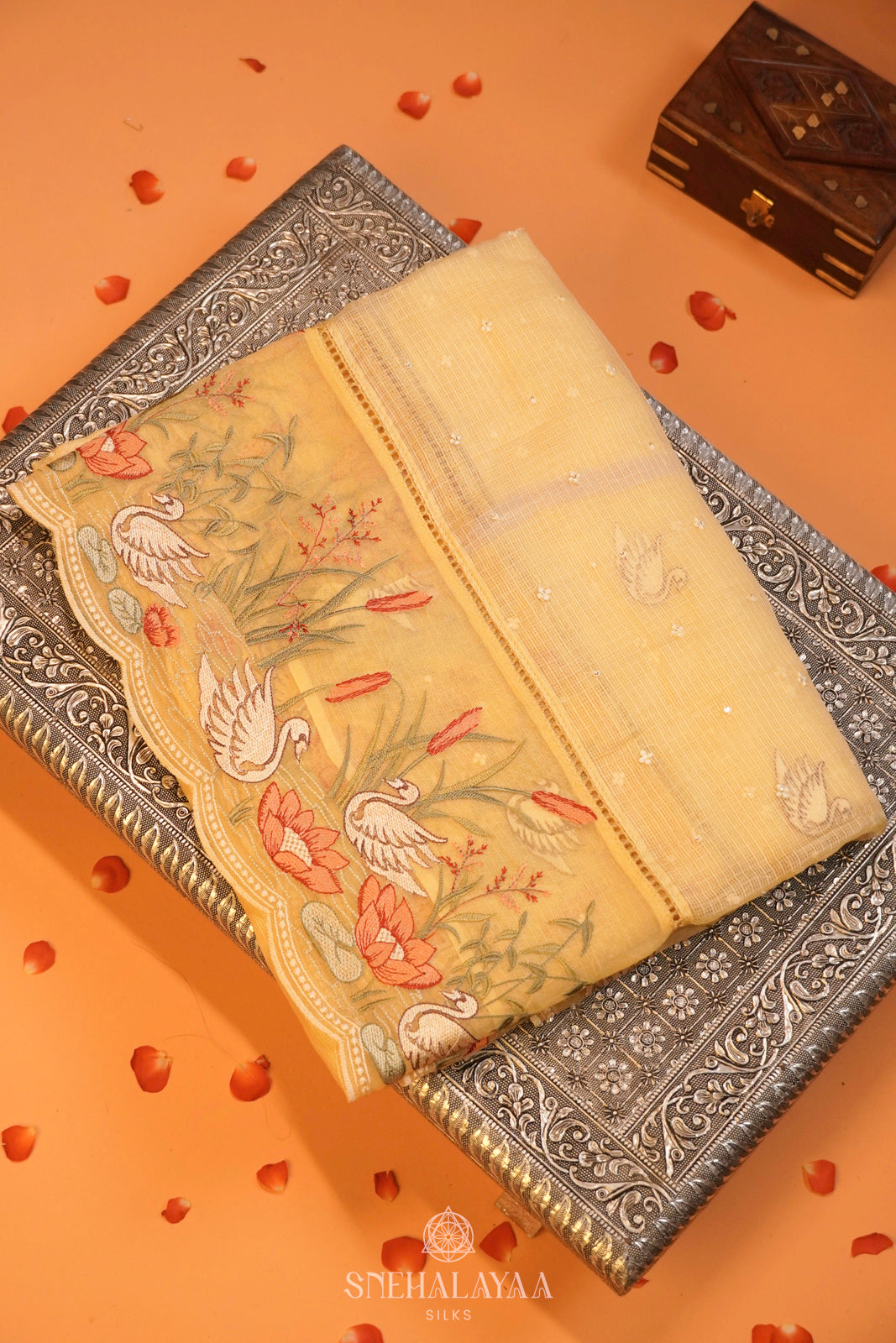 Pale Yellow Kota Embroidery Saree