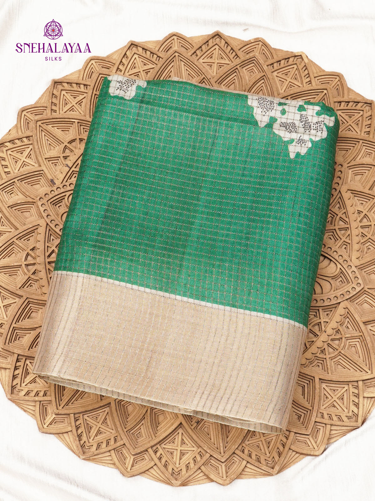 Emerald Green Floral Printed Tussar Saree