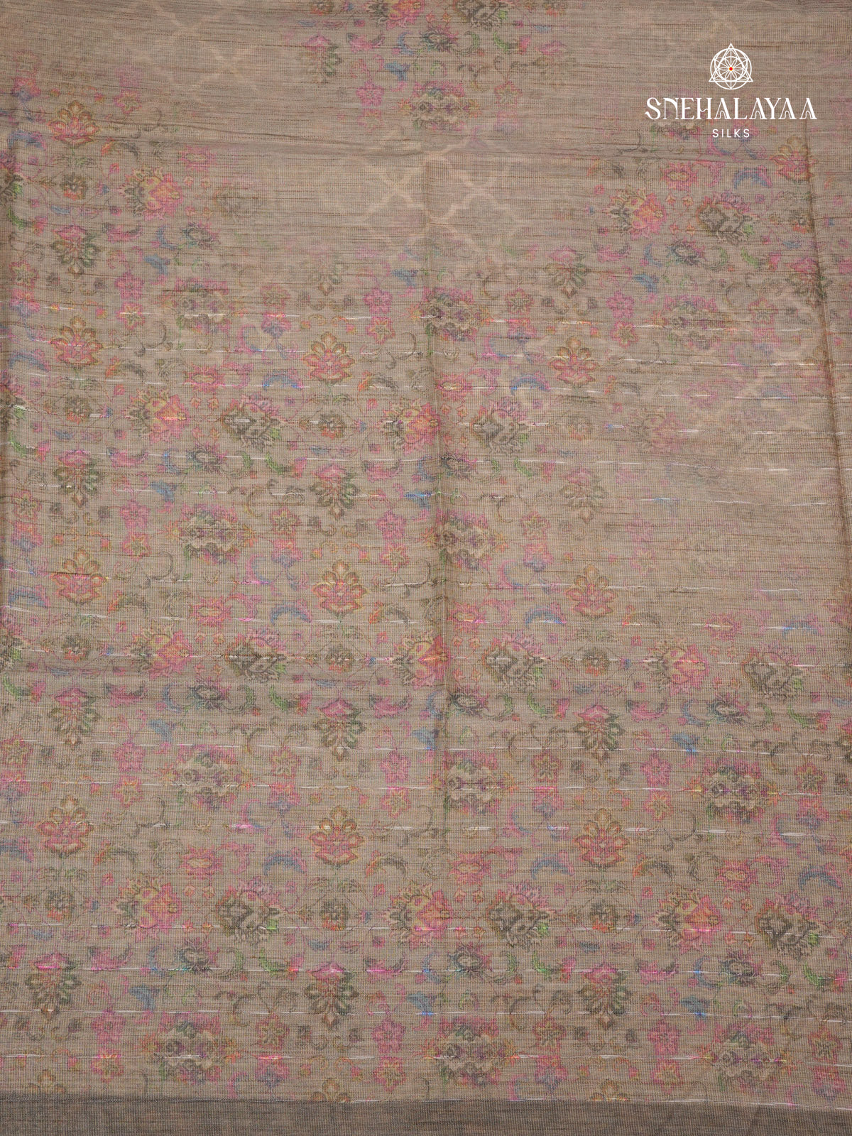 Brown Floral Printed Tussar Saree