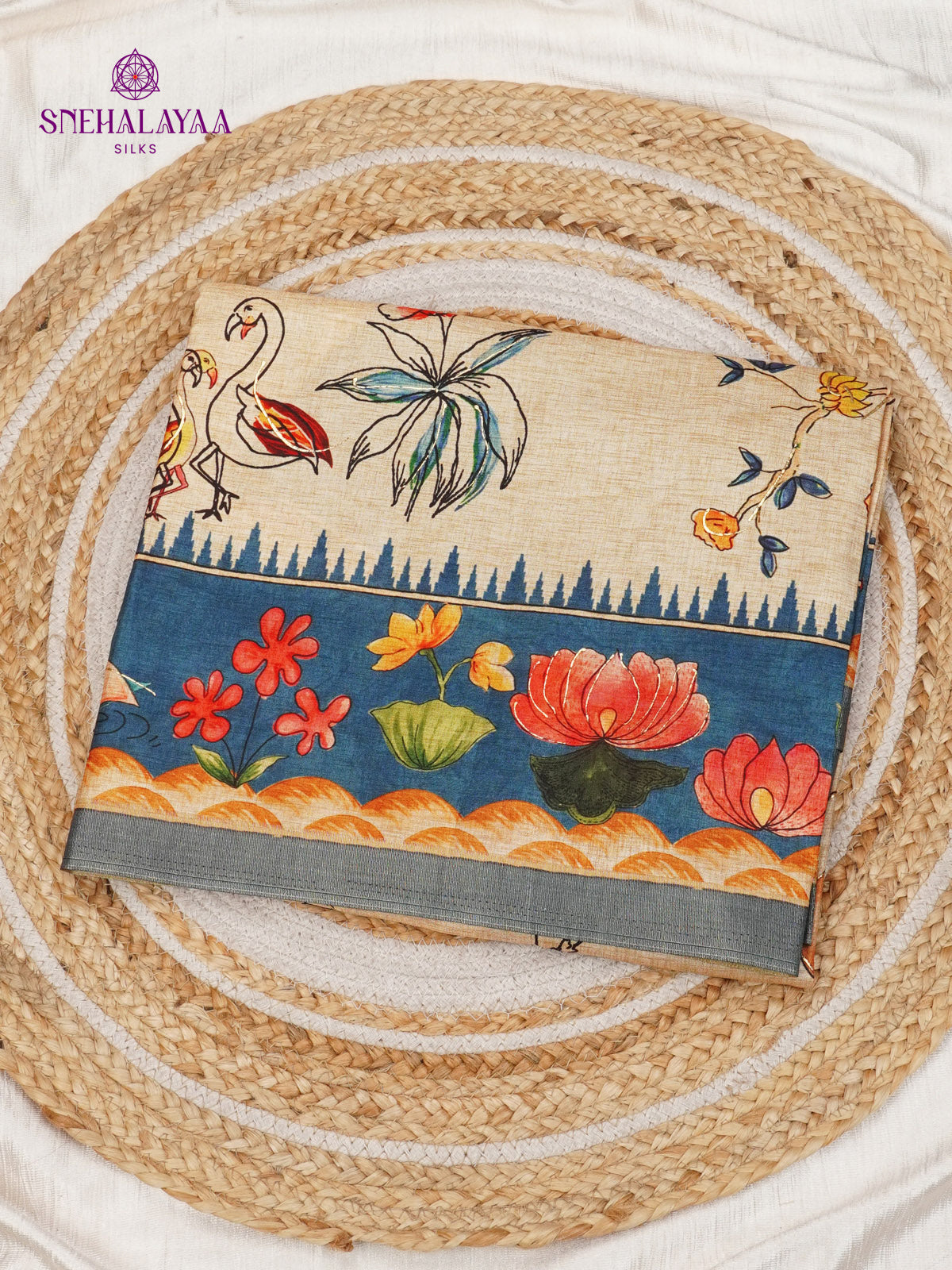 Beige With Navy Blue Floral Printed Tussar Saree