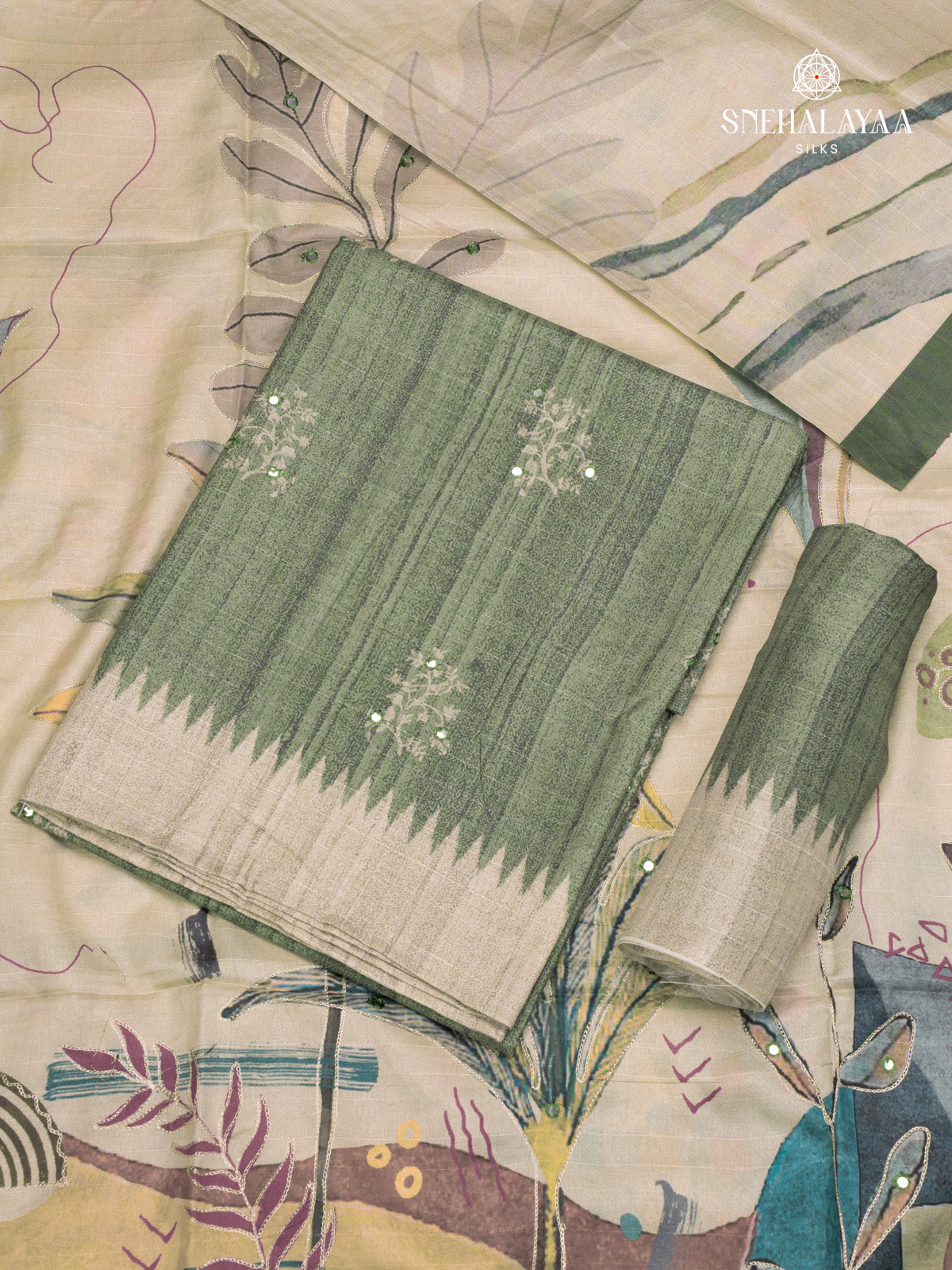 Green Tussar 3-Piece Salwar Suit Material