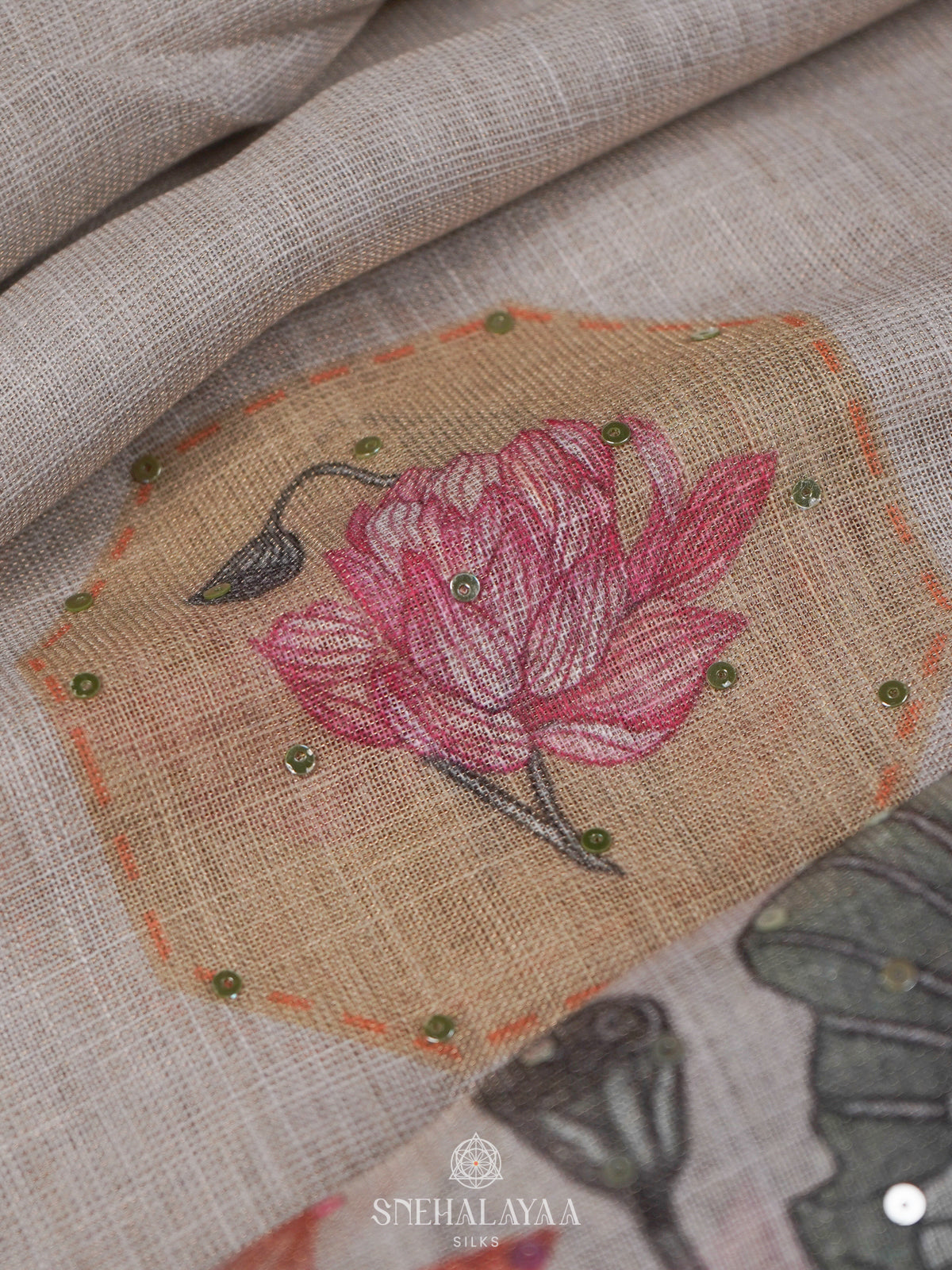 Cream Linen Embroidery Saree