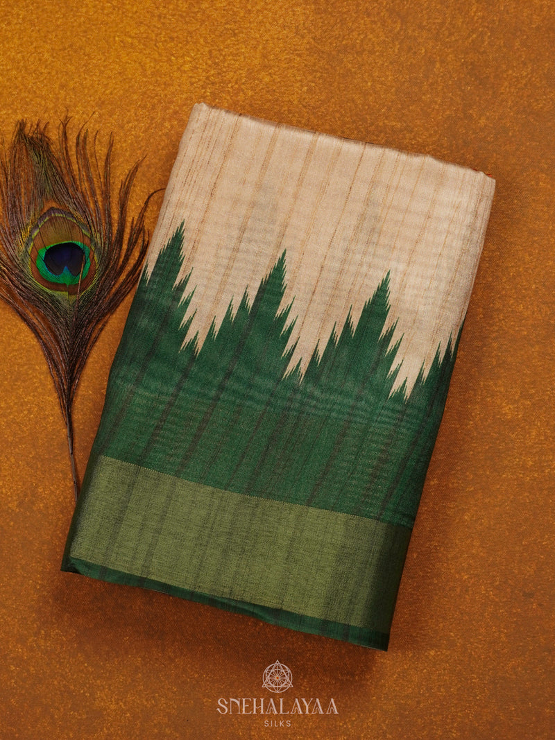 Beige With Green Border Tussar Saree