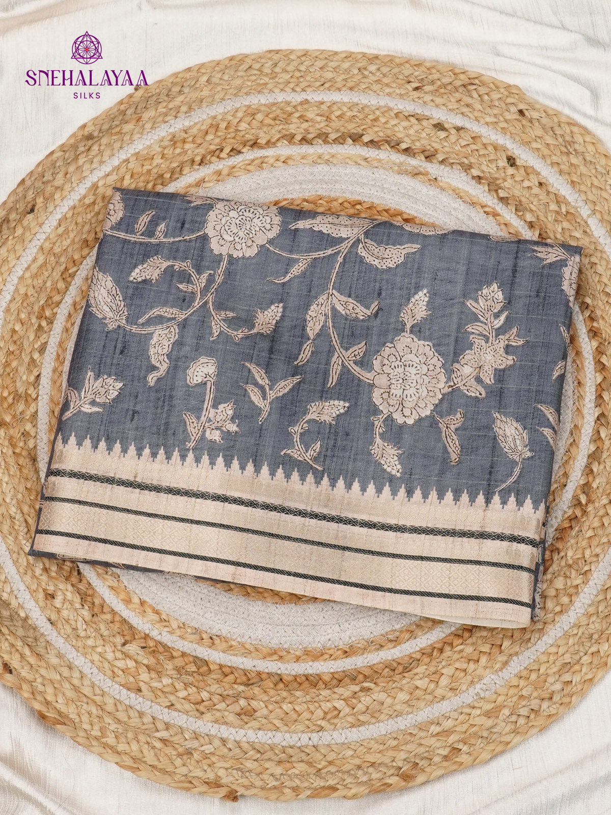 Grey Floral Printed Tussar Saree