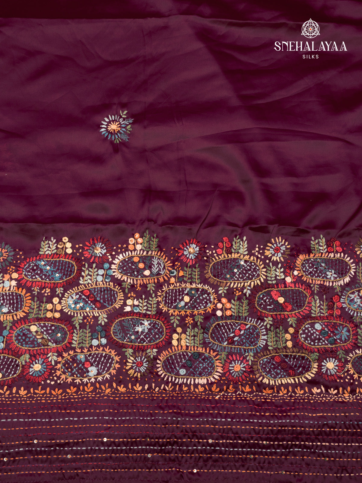 Burgundy Satin Embroidery Saree