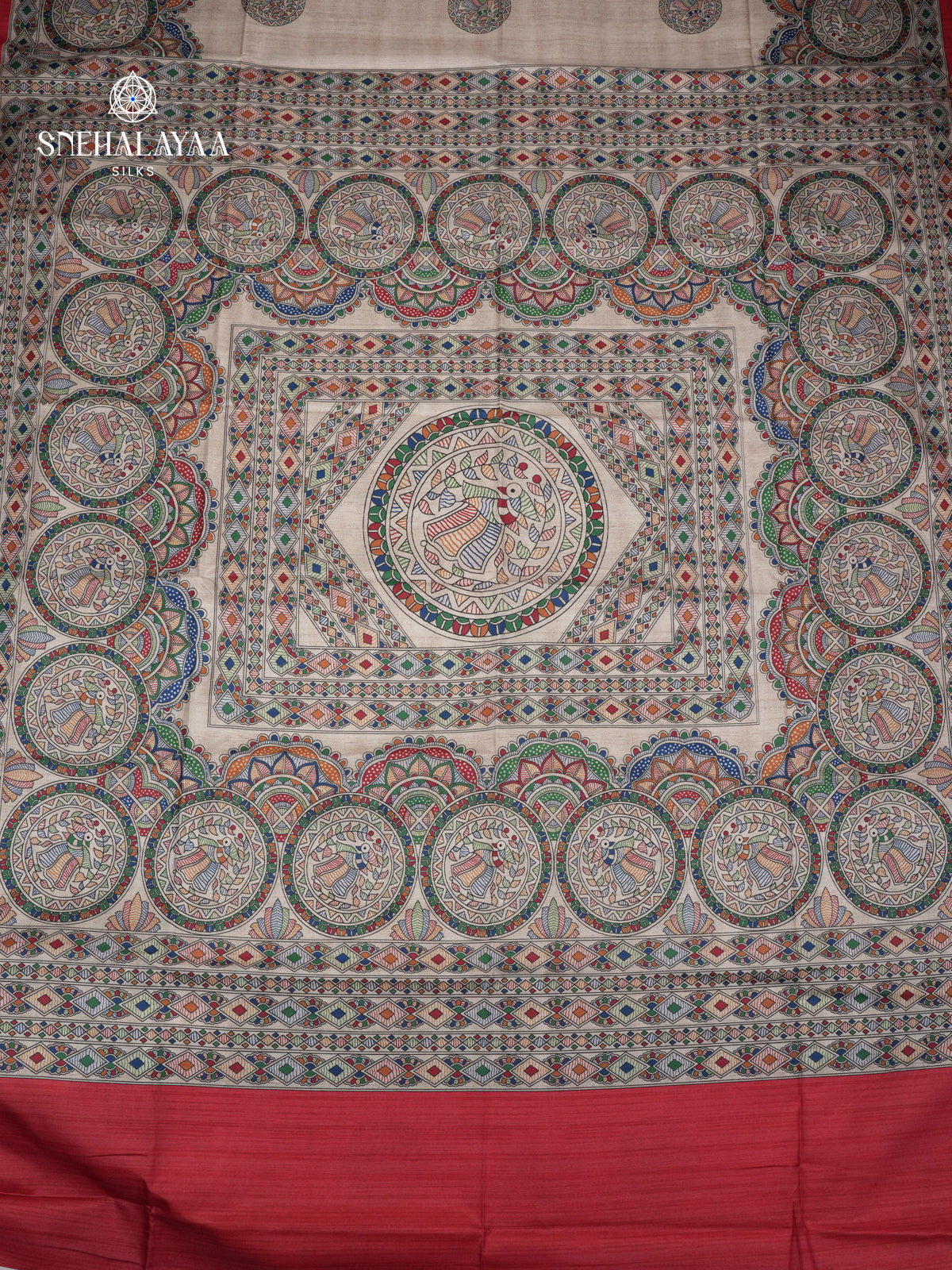 Beige With Red Border Madhubani Saree