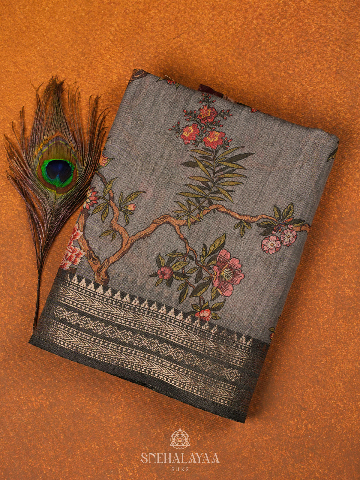 Grey Printed Linen Saree