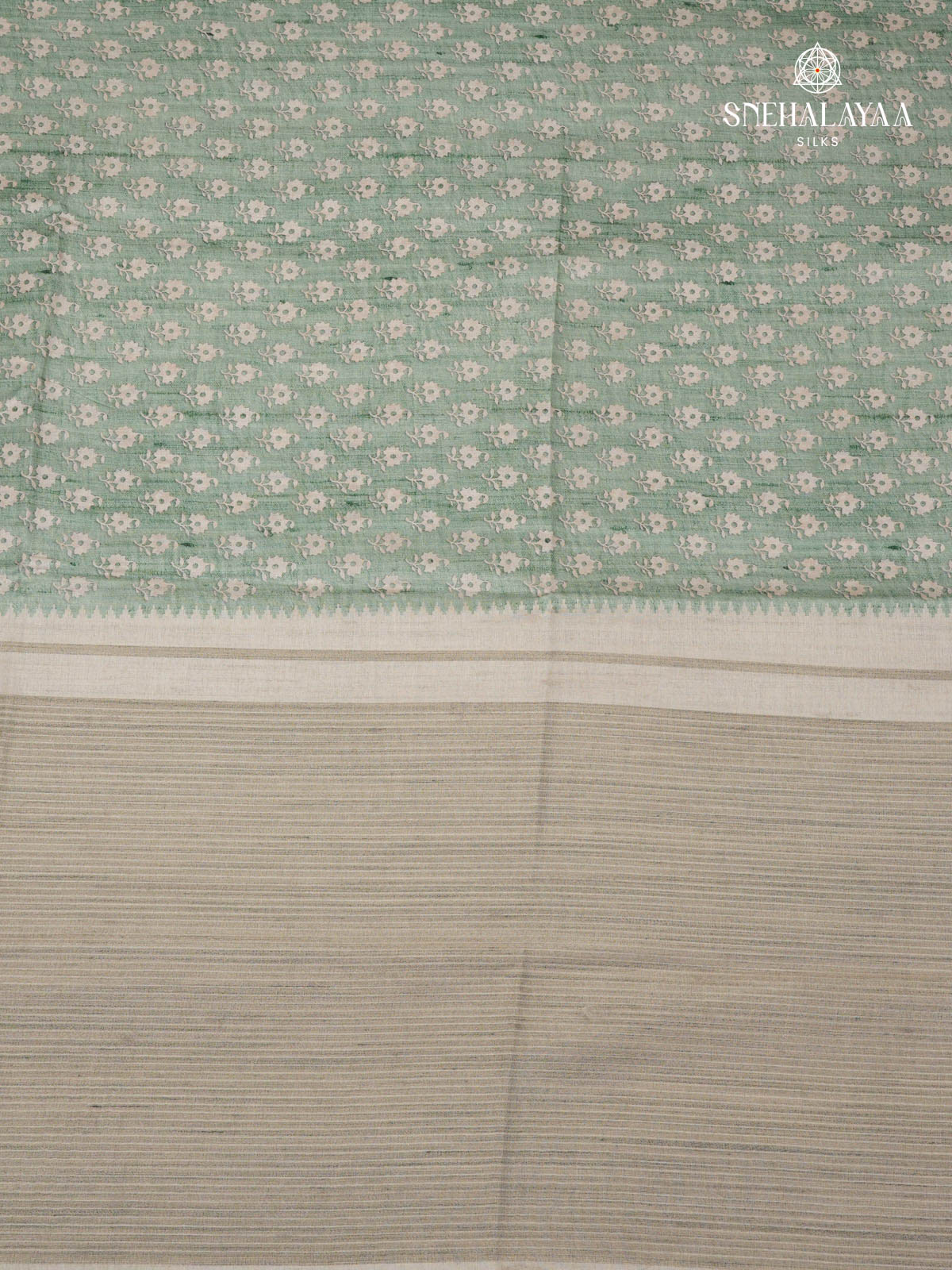 Pale Green Floral Printed Tussar Saree