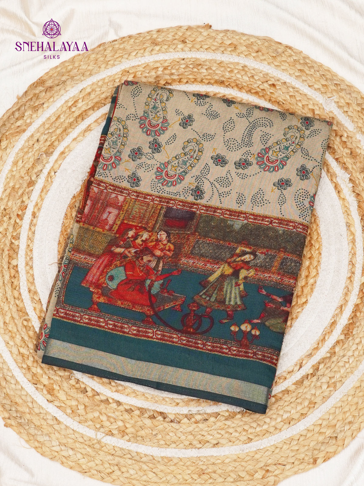 Beige With Teal Blue Border Munga Tussar Saree