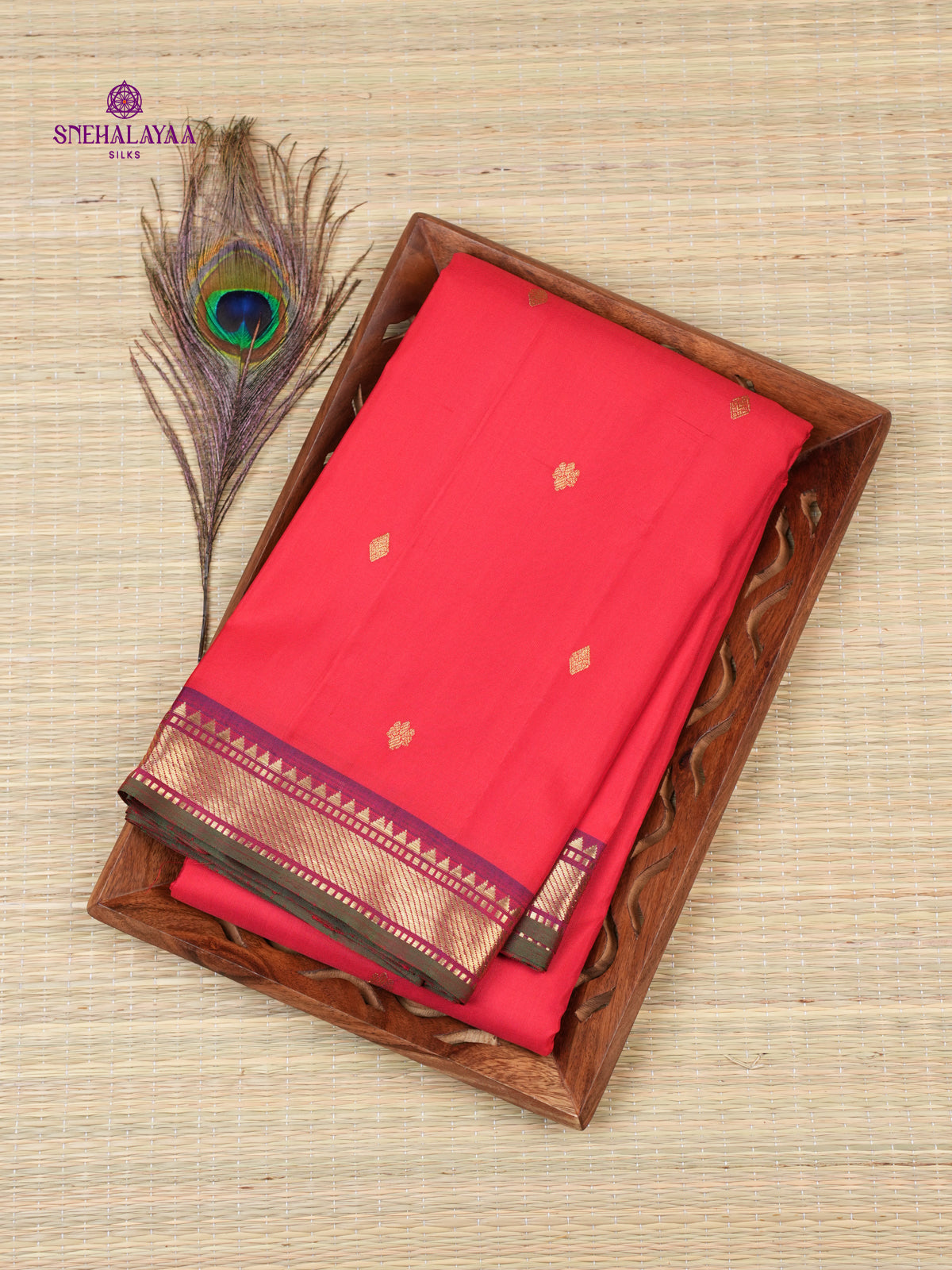 Coral Red Kanjivaram Silk Saree