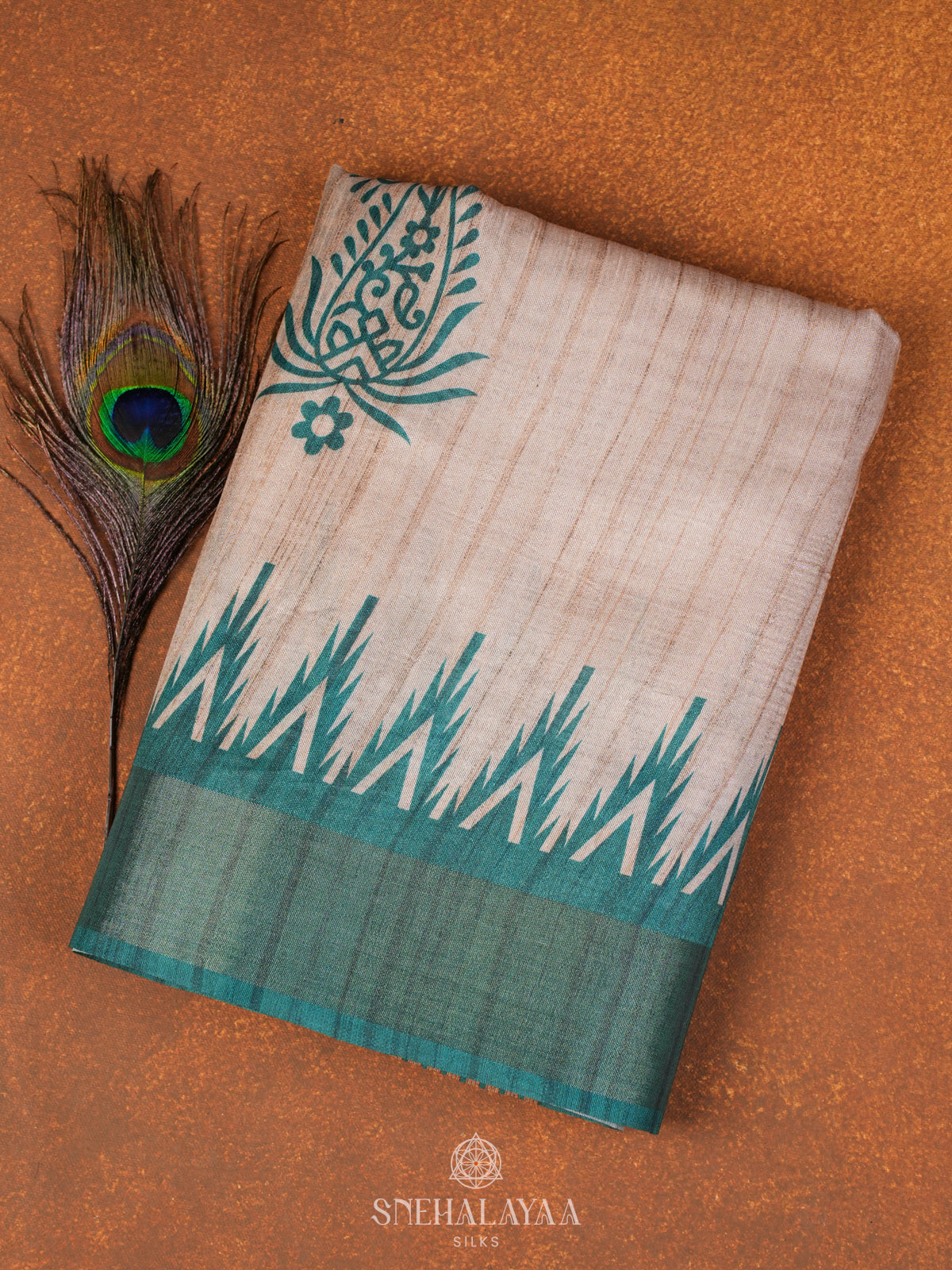 Beige with Peacock Blue Border Tussar Saree