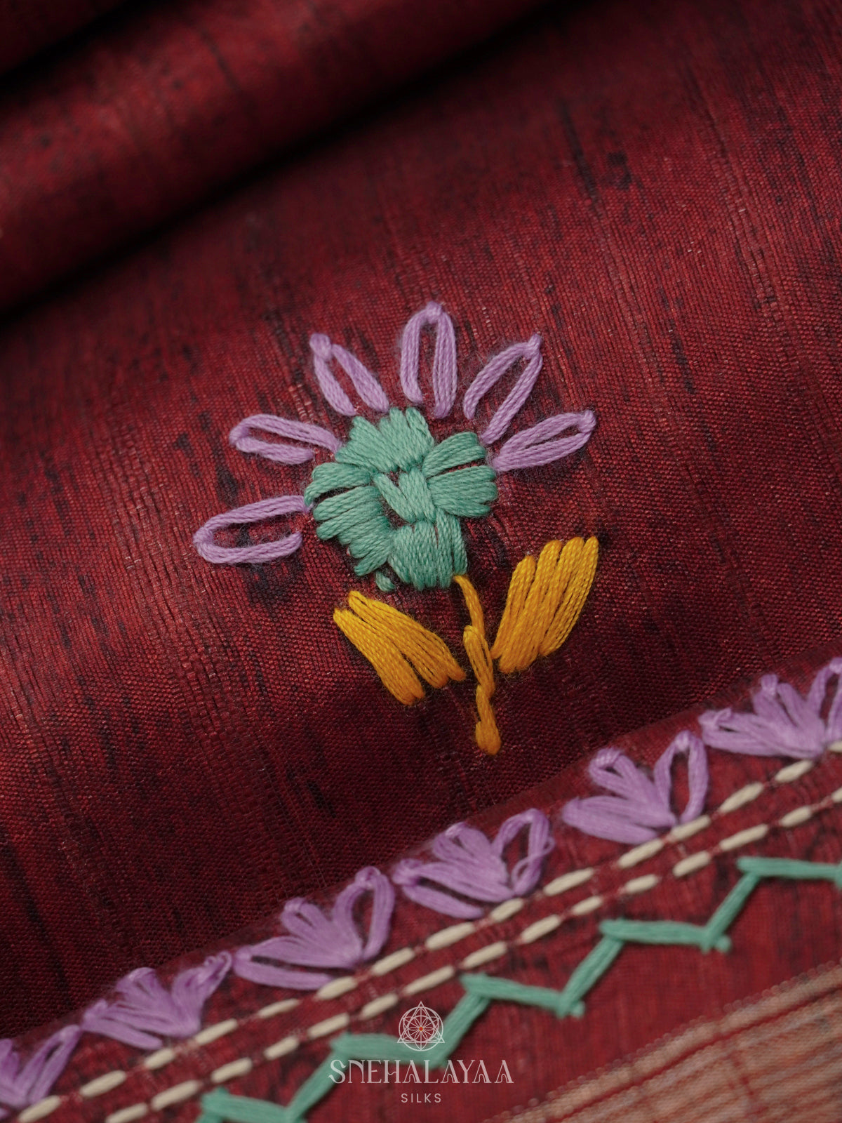 Maroon Tussar Embroidery Saree